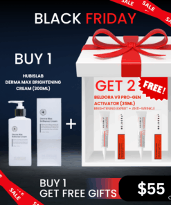 Hubislab Derma Max Brightening/Brilliance Cream (300g) + FREE Beldora V9 Pro-gen activator (35ml) 2ea_Black Friday Sale HubisLab Derma Max Line Brightening Cream 300g / Brilliance Cream *Product expires 2026/05 Backbar item Derma Max Brightening Clinic helps improve skin tone and provides nourishment to strengthen the skin. Derma Max Line applies the 3 steps brightening system (prevention brightening, pigmentation brightening, regeneration brightening) to revive dull skin, provide cleanliness and brightness to the skin. All skin types. 300g / 10.58 oz. Directions: Use as the last skin care step. Apply an appropriate amount onto face and neck. Gently pat to improve absorption. Ingredients: Water, Butylene Glycol, Macadamia Integrifolia Seed Oil, Propanediol, Tranexamic Acid, Sodium Acrylate/Sodium Acryloyldimethyl Taurate Copolymer, Isohexadecane, polysorbate 80, Sorbitan Oleate, Dimethicone, Caprylic/Capric Triglyceride,  Cyclopentasiloxane, Niacinamide, Cyclopentasiloxane, Cyclohexasiloxane, Cetearyl Olivate, Sorbitan Olivate, Squalane, 1,2-Hexanediol, Titanium Dioxide, Glyceryl Stearate, PEG-100 Stearate, Hydrogenated C6-14 Olefin Polymers, Cetearyl Alcohol, Glyceryl Stearate, Bisabolol, Trehalose, Butyrospermum Parkii (Shea Butter), Stearic Acid, Silica, Glyceryl Caprylate, Pentylene Glycol, Madecassoside, Xylitylglucoside, Anhydroxylitol, Xylitol, Glucose, 1,2-Hexanediol, Sodium Hyaluronate, Ethylhexylglycerin, Butylene Glycol, Glycine, Serine, Glutamic Acid, Aspartic Acid, Leucine, Alanine, Lysine, Arginine, Tyrosine, Phenylalanine, Threonine, Proline, Valine, Isoleucine, Histidine, Methionine, Cysteine, Jasminum Officinale (Jasmine) Oil, Olea Europaea (Olive) Fruit Oil, Citrus Aurantium Dulcis (Orange) Flower Oil, Dipotassium Glycyrrhizate, Ethylhexylglycerin, Citric Acid, Adenosine, Tocopheryl Acetate, Terminalia Ferdinandiana Fruit Extract, Butylene Glycol, 1,2-Hexanediol, Centella Asiatica Extract, Butylene Glycol, Glycyrrhiza Glabra (Licorice) Root Extract, Glutathione, Xanthan gum, Resveratrol, Beta-Glucan, 3-O-Ethyl Ascorbic Acid. Beldora +V9 Pro-Gen Activator Brightening Expert +Anti-Wrinkle Beldora +V9 Pro-Gen Activator Brightening Expert +Anti-Wrinkle Dermalogy tested /Dual Functional skincare 35ml 1.18fl.oz [Brighter and smoother] Brightens skin tone and improves fine lines. Formulated with brightening active vitamins, niacinamide and peptide to provide dullness reducing and wrinkle reducing benefits See more info on below