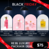 Rebloom Luxury Pink Vita Anti-Oxidant Package Deal (4items)_Black Friday Sale Black Friday Package Deal Log in or register now to access special pricing Rebloom is a premium aesthetic brand currently used in over 3,000 aesthetic clinics outside of Korea. The brand has been proven effective in skin regeneration, hydration, and soothing. Its products are used in aesthetic centers and dermatological research labs, and have been developed in collaboration with industry professionals and experts. What is included? Rebloom Luxury 4 Hyal Vita Gel Cleansing (200ml) A gel cleanser that hydrates the skin with highly concentrated vitamin B12 and four types of hyaluronic acid complexes. Its dense foam effectively removes impurities, leaving the skin clean and refreshed. REBLOOM LUXURY BUBBLE TONER (200ml) A bubble-type toner containing 5 types of hyaluronic acid and 4 kinds of fermented filtrates, providing dual functional skincare benefits for whitening and wrinkle improvement. Rebloom Peptide-Luxury Pink Serum (50ml) Whitening and wrinkle improvement double functional cosmetics.It contains peptides and cyanocobalamin that replenishes the dull and dry skin with nutritional energy and makes the skin lively and healthy. REBLOOM LUXURY JOJOBA OIL (50ml) Rebloom Luxury Jojoba oil is made with 100% organic jojoba oil, rich in natural proteins, minerals, and vitamins. It helps balance oil and moisture levels while providing deep hydration. Rebloom Luxury 4 Hyal Vita Gel Cleansing Ingredients: Purified Water, Glycerin, Maltodextrin, Coco-Glucoside, Methylpropanediol, Butylene Glycol, Acrylates/C10-30 Alkyl Acrylate Crosspolymer, Sodium Cocoyl Alaninate, Cocobetain, Tromethamine, Caprylyl Glycol, Ethylhexylglycerin, Sodium Citrate, Fragrance, Sodium Chloride, Cacao Peel Extract, Citrus Seed Extract, 1,2-Hexanediol, Stearic Acid, Disodium EDTA, Portulaca Oleracea Extract, Aloe Barbadensis Leaf Extract, Cyanocobalamin (40,000 ppm), Sodium Hyaluronate (10 ppm), Hydrolyzed Sodium Hyaluronate (1 ppm), Hydroxypropyltrimonium Hyaluronate (1 ppm), Sodium Acetylated Hyaluronate (0.1 ppm) REBLOOM LUXURY BUBBLE TONER Ingredients: Purified Water, Niacinamide, 1,2-Hexanediol, Glycerin, Butylene Glycol, Caprylyl Glycol, Allantoin, Ethylhexylglycerin, Sodium Cocoyl Glutamate, Polyglyceryl-6 Oleate, Adenosine, Ethylhexylglycerin, Patchouli Oil Extract, Glyceryl Caprylate, Lactobacillus Extract, Green Tea Extract, Centella Asiatica Extract, Licorice Root Extract, Adenosma Glutinosa Extract, Citrus Seed Extract, Sodium PCA, Capryloyl Glycine, Di-naloxyl Butyl Phenyl Propiophenone, Dipotassium Glycyrrhizate, Rhodiola Rosea Extract, Palmaria Palmata Extract, Pentapeptide-4, Pentapeptide-3, Acetyl Tetrapeptide-8, Palmitoyl Tripeptide-1, Palmitoyl Tetrapeptide-5, Palmitoyl Tripeptide-7, Sacha Inchi Oil, Hydrolyzed Collagen, Hydrolyzed Hyaluronic Acid, Hydrolyzed Silk, Sodium Hyaluronate, Sodium Acetylated Hyaluronate, Galactoarabinan, Beta-Glucan, Fermented Extract, Enzyme Fermented Extract. Rebloom Peptide-Luxury Pink Serum Ingredients:  Purified Water, Propanediol, Glycerin, Niacinamide, 1,2-Hexanediol, Ammonium Acryloyldimethyltaurate/VP Copolymer, Sodium Hyaluronate, Betaine, PEG-60 Hydrogenated Castor Oil, Sodium PCA, Sodium Lactate, Arginine, Aspartic Acid, PCA, Glycine, Alanine, Serine, Valine, Proline, Threonine, Isoleucine, Histidine, Phenylalanine, Allantoin, Ethylhexylglycerin, Adenosine, Copper Tripeptide-1, Sh-Oligopeptide-1, Sodium Phosphate, Potassium Sorbate, Sodium Ethylhexylglycerin Phosphate, sh-Oligopeptide-1, Biotin, Fragrance REBLOOM LUXURY JOJOBA OIL (50ml) Ingredients: Simmondsia Chinensis (Jojoba) Seed Oil Black Friday Sale