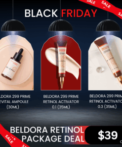 Beldora Retinol Anti-aging Package Deal_Black Friday Sale Log in or register now to access special pricing BELDORA, a Korean bio skincare brand Efficacy-oriented Black Friday Sale What is Included? Beldora 299 Prime Revital Ampoule (30ml) Improve skin elasticity and provide nutrient, lasting moisture and wrinkle reducing benefits. Hypoallergenic retinol ampoule brightens, smooths, and combats wrinkles, dullness, and pigmentation for youthful skin. Beldora 299 Prime Retinol Activator 0.1 (35ml) Anti-wrinkle night cream highly concentrated anti winkle activator that contains Retinol, Adenosine and Hyaluronic Acid leaves the skin silky and brighter Beldora 299 Prime Retinol Activator 0.3 (35ml) Anti-wrinkle night cream highly concentrated anti winkle activator that contains Retinol, Adenosine and Hyaluronic Acid leaves the skin silky and brighter Beldora 299 Prime Revital Ampoule Ingredients :  Water, Propanediol, Glycerin, Butylene Glycol, Hydroly-zed Ulva Lactuca Ex-tract, Hippophae Rhamnoides Extract, 1,2-He-x-anediol, Sodium Hyaluronate, Betula Alba Ju-ice, Chamaecyparis Obtusa Leaf Extract, Ceramide NP, Cholesterol, Elaeis Guineensis (Palm) Oil, Elaeis Guineensis (Palm) Kernel Oil, Collagen Extract, Hydrolyzed Collagen, Lepidium Meyenii Root Extract, Palmitoyl Tripeptide-5, Hyaluronic Acid, Elastin, Sodium Chondroitin Sulfate, Soluble Proteoglycan, Theobroma Cacao (Cocoa Extract, Retinol, Allantoin, Panthen-ol, Trehalose, Dipotassium Glycyrrhizate, Sodium Ascorbyl Phosphate, Acrylates/ C10-30 Alkyl Acrylate Crosspolymer, Arginine, Polysorba-te 20, Polyglyceryl-10 Laurate, Methylpropan-ediol, Laury pyridinium Chloride, BHT, BHA, De-xtrin, Disodium EDTA, Adenosine, Fragrance Beldora 299 Prime Retinol Activator 0.1 Ingredients: Water, Glycerin, Caprylic/Capric Triglyceride, Butylene Glycol, Dipropylene Glycol, Betaine, Butyrospermum Parkii (Shea Butter), Cetearyl Alcohol, Cetearyl Olivate, Beeswax, Hydrolyzed Ulva Lactuca Extract, Prunus Mume Fruit Extract, Lonicera Japonica (Honeysuckle) Flower Extract, Scutellaria Baicalensis Root Extract, Sodium Hyaluronate, Adipic Acid, Retinol (0.10%), Arbutin, Dipotassium Glycyrrhizate, Ceramide NP, Cholesterol, Elaeis Guineensis (Palm) Oil, Elaeis Guineensis (Palm) Kernel Oil, Collagen Extract, Hyaluronic Acid, Elastin, Sodium Chondroitin Sulfate, Soluble Proteoglycan, Theobroma Cacao (Cocoa Extract, 1,2-Hexanediol, Sorbitan Olivate, Polysorbate 20, Polysorbate 60, Sodium Polyacrylate, Sodium Ascorbate, PVM/MA Copolymer, Poloxamer 235, Arginine, Carbomer, Aloe Barbadensis Leaf Extract, Allantoin, Panthenol, Tocopheryl Acetate, Epigallocatechin Gallate, BHT, BHA, Dextrin, Adenosine, Pentylene Glycol, Caprylyl Glycol, Disodium EDTA, Fragrance Beldora 299 Prime Retinol Activator 0.3 Ingredients :  Water, Glycerin, Caprylic/Capric Triglyceride, Butylene Glycol, Dipropylene Glycol, Niacinamide, Betaine, Butyrospermum Parkii (Shea Butter), Ceteary| Alcohol, Ceteary| Olivate, Bees Wax, Hydrolyzed Uva Lactuca Extract, Prunus Mume Fruit Extract, Lonicera Japonica (Honeysuckle) Flower Extract, Scutellaria Baicalensis Root Extract, Sodium Hyaluronate, Adipic Acid, Retino (0.30%), Arbutin, Dipotassium Glycyrrizate, Ceramide NP, Cholesterol, Elaeis Guineensis(Palm)Oil, Elaeis Guineensis(Palm)Kernel Oil, Collagen Extract, Hyaluronic Acid, Elastin, Sodium Chondroitin Sulfate, Soluble Proteoglycan, Theobroma Cacao (Cocoa) Extract, 1,2-Hexanediol, Sorbitan Olivate, Polysorbate 20, Polysorbate 60, Sodium Polyacrylate, Sodium Ascorbate, PVM/MA Copolymer, Poloxamer 235, Arginine, Carbomer, Aloe Barbadensis Leaf Extract, Allantoin, Panthenol, Tocopheryl Acetate, Epigallocatechin Gallate, BHT, BHA, Dextrin,Adenosine, Disodium EDTA, Fragrance Before using retinol items :  Using Retinol: Skin may experience stinging and redness, and turnover may cause flaking. Please familiarize yourself with the usage guide before applying. Initial Use: If you are using Retinol Activator 0.1 for the first time, use it every other day for the first two weeks, then switch to daily use from the third week. Sun Sensitivity: Retinol can increase skin sensitivity to sunlight, so nighttime use is recommended. Sun Protection: Use sunscreen during the period of product use. Avoid Combining: Do not use with scrub or peeling products. Korean slow aging skincare tip! How to use retinol without irritation