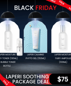 LAPERI Calming Care Package Deal_Black Friday Sale Log in or register now to access special pricing Black friday sale Laperi is a professional aesthetic skincare brand that captures the safe, stable, pure, and harmless energy of nature. Elevate your skin’s natural power with Laperi’s professional skincare solutions. What is included? Laperi Moisture Fairy Toner (130ml) + Bubble Toner Bottle Soft, airy bubbles melt gently into the skin. Quickly calming and soothing even the most sensitive skin. This product can be used as both watery type toner and bubble toner Laperi Calming Phyto Gel (150ml) Gentle Calming Gel to soothe and relieve sensitive skin (Aloevera, Feverfew extract, Laperi Moisture Fairy Ampoule (100ml) Highly condensed ampoule with 10 different types of hyaluronic acid to provide deep hydration to the skin. Laperi Moisture Fairy Toner Ingredients :  Purified water, seawater, propanediol, 1,2-hexanediol, silver grass extract, trehalose, propolis extract, Glycine soja (soybean) sprout extract, Ziziphus jujuba (jojoba) seed extract, Centella asiatica flower oil, Salvia oil, camellia oil, betaine, C12-14 pareth-12, butylene glycol, sodium stearate, citric acid, disodium EDTA, dimethylsilanol hyaluronate, hydrolyzed sodium hyaluronate, hydrolyzed hyaluronic acid, sodium hyaluronate crosspolymer, hydroxypropyltrimonium hyaluronate, sodium acetylated hyaluronate, sodium hyaluronate dimethylsilanol, ethylhexylglycerin, citronellol, geraniol, linalool Laperi Calming Phyto Gel Ingredients : Purified water, glycerin, 1,2-hexanediol, methylpropanediol, pentylene glycol, houttuynia cordata extract, mugwort extract, glycine soja (soybean) sprout extract, gold calendula flower extract, matricaire extract, piper extract, aloe vera leaf water, hydroxyethyl ethylcellulose, beta-glucan, ceramide NP, ethylhexylglycerin, sodium PCA, sodium hyaluronate, sodium acetylated hyaluronate, sodium hyaluronate crosspolymer, sodium hyaluronate dimethylsilanol, disodium EDTA, guaiazulene, ethylhexylglycerin Laperi Moisture Fairy Ampoule Ingredients:  Purified water, glycerin, 1,2-hexanediol, glyceryl stearate SE, methyl gluceth-20, methylpropanediol, niacinamide, dipotassium glycyrrhizate, betaine, panthenol, propolis extract, mugwort extract, houttuynia cordata extract, Glycine soja (soybean) sprout extract, Centella asiatica extract, hydrolyzed hyaluronic acid, sodium hyaluronate, squalane, caprylic/capric triglyceride, beta-glucan, polyglutamic acid, sodium PCA, sorbitan olivate, carbomer, butylene glycol, xanthan gum, tromethamine, ceramide NP, ethylhexylglycerin, phytosphingosine, disodium EDTA, sodium phytate, diisostearyl malate, hydrolyzed glycosaminoglycans, hydrogenated lecithin, hydroxyacetophenone, sodium acetylated hyaluronate, sodium hyaluronate crosspolymer, potassium hyaluronate, hydrolyzed sodium hyaluronate, sodium hyaluronate dimethylsilanol, sodium hyaluronate methacryloyloxyethyl phosphorylcholine crosspolymer, hydrolyzed sodium hyaluronate esters, sodium hyaluronate butyrate, hydroxypropyltrimonium hyaluronate, hydrolyzed hyaluronic acid stearoylphytosphingosine, ethylhexylglycerin, phenoxyethanol, citric acid, trehalose, ribose