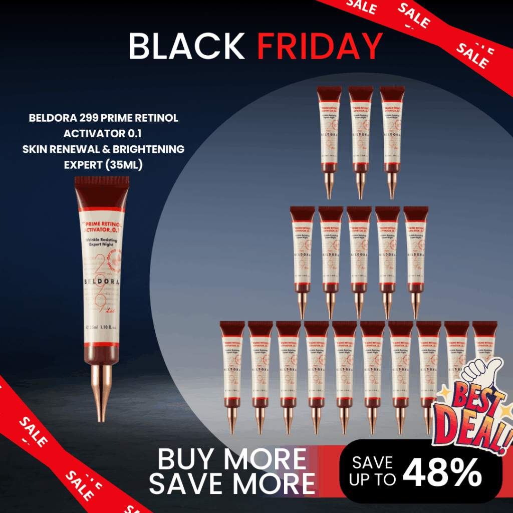 Beldora Prime Retinol Activator 0.1 35ml_Black Friday Sale Log in or register now to access special pricing. BELDORA 299 PRIME RETINOL ACTIVATOR_0.1 Wrinkle Resisting Expert Day & night Anti-wrinkle night cream highly concentrated anti winkle activator that contains Retinol, Adenosine and Hyaluronic Acid leaves the skin silky and brighter DIRECTIONS 1. For day & night use.2 After using toner and serum in the last step of skin care, apply a small amount of ACTIVATOR 0.1 to the face and neck where wrinkles need to be improved Before Using Retinol Activator 0.1 Using Retinol: Skin may experience stinging and redness, and turnover may cause flaking. Please familiarize yourself with the usage guide before applying. Initial Use: If you are using Retinol Activator 0.1 for the first time, use it every other day for the first two weeks, then switch to daily use from the third week. Sun Sensitivity: Retinol can increase skin sensitivity to sunlight, so nighttime use is recommended. Sun Protection: Use sunscreen during the period of product use. Avoid Combining: Do not use with scrub or peeling products. INGREDIENTS: Water, Glycerin, Caprylic/Capric Triglyceride, Butylene Glycol, Dipropylene Glycol, Betaine, Butyrospermum Parkii (Shea Butter), Cetearyl Alcohol, Cetearyl Olivate, Beeswax, Hydrolyzed Ulva Lactuca Extract, Prunus Mume Fruit Extract, Lonicera Japonica (Honeysuckle) Flower Extract, Scutellaria Baicalensis Root Extract, Sodium Hyaluronate, Adipic Acid, Retinol (0.10%), Arbutin, Dipotassium Glycyrrhizate, Ceramide NP, Cholesterol, Elaeis Guineensis (Palm) Oil, Elaeis Guineensis (Palm) Kernel Oil, Collagen Extract, Hyaluronic Acid, Elastin, Sodium Chondroitin Sulfate, Soluble Proteoglycan, Theobroma Cacao (Cocoa Extract, 1,2-Hexanediol, Sorbitan Olivate, Polysorbate 20, Polysorbate 60, Sodium Polyacrylate, Sodium Ascorbate, PVM/MA Copolymer, Poloxamer 235, Arginine, Carbomer, Aloe Barbadensis Leaf Extract, Allantoin, Panthenol, Tocopheryl Acetate, Epigallocatechin Gallate, BHT, BHA, Dextrin, Adenosine, Pentylene Glycol, Caprylyl Glycol, Disodium EDTA, Fragrance MADE IN KOREA