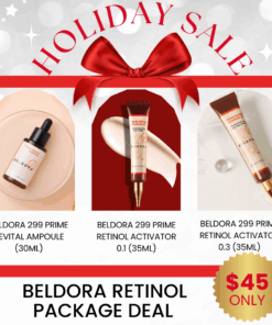 Beldora Retinol Anti-aging Package Deal_Black Friday Sale Log in or register now to access special pricing BELDORA, a Korean bio skincare brand Efficacy-oriented Black Friday Sale What is Included? Beldora 299 Prime Revital Ampoule (30ml) Improve skin elasticity and provide nutrient, lasting moisture and wrinkle reducing benefits. Hypoallergenic retinol ampoule brightens, smooths, and combats wrinkles, dullness, and pigmentation for youthful skin. Beldora 299 Prime Retinol Activator 0.1 (35ml) Anti-wrinkle night cream highly concentrated anti winkle activator that contains Retinol, Adenosine and Hyaluronic Acid leaves the skin silky and brighter Beldora 299 Prime Retinol Activator 0.3 (35ml) Anti-wrinkle night cream highly concentrated anti winkle activator that contains Retinol, Adenosine and Hyaluronic Acid leaves the skin silky and brighter Beldora 299 Prime Revital Ampoule Ingredients :  Water, Propanediol, Glycerin, Butylene Glycol, Hydroly-zed Ulva Lactuca Ex-tract, Hippophae Rhamnoides Extract, 1,2-He-x-anediol, Sodium Hyaluronate, Betula Alba Ju-ice, Chamaecyparis Obtusa Leaf Extract, Ceramide NP, Cholesterol, Elaeis Guineensis (Palm) Oil, Elaeis Guineensis (Palm) Kernel Oil, Collagen Extract, Hydrolyzed Collagen, Lepidium Meyenii Root Extract, Palmitoyl Tripeptide-5, Hyaluronic Acid, Elastin, Sodium Chondroitin Sulfate, Soluble Proteoglycan, Theobroma Cacao (Cocoa Extract, Retinol, Allantoin, Panthen-ol, Trehalose, Dipotassium Glycyrrhizate, Sodium Ascorbyl Phosphate, Acrylates/ C10-30 Alkyl Acrylate Crosspolymer, Arginine, Polysorba-te 20, Polyglyceryl-10 Laurate, Methylpropan-ediol, Laury pyridinium Chloride, BHT, BHA, De-xtrin, Disodium EDTA, Adenosine, Fragrance Beldora 299 Prime Retinol Activator 0.1 Ingredients: Water, Glycerin, Caprylic/Capric Triglyceride, Butylene Glycol, Dipropylene Glycol, Betaine, Butyrospermum Parkii (Shea Butter), Cetearyl Alcohol, Cetearyl Olivate, Beeswax, Hydrolyzed Ulva Lactuca Extract, Prunus Mume Fruit Extract, Lonicera Japonica (Honeysuckle) Flower Extract, Scutellaria Baicalensis Root Extract, Sodium Hyaluronate, Adipic Acid, Retinol (0.10%), Arbutin, Dipotassium Glycyrrhizate, Ceramide NP, Cholesterol, Elaeis Guineensis (Palm) Oil, Elaeis Guineensis (Palm) Kernel Oil, Collagen Extract, Hyaluronic Acid, Elastin, Sodium Chondroitin Sulfate, Soluble Proteoglycan, Theobroma Cacao (Cocoa Extract, 1,2-Hexanediol, Sorbitan Olivate, Polysorbate 20, Polysorbate 60, Sodium Polyacrylate, Sodium Ascorbate, PVM/MA Copolymer, Poloxamer 235, Arginine, Carbomer, Aloe Barbadensis Leaf Extract, Allantoin, Panthenol, Tocopheryl Acetate, Epigallocatechin Gallate, BHT, BHA, Dextrin, Adenosine, Pentylene Glycol, Caprylyl Glycol, Disodium EDTA, Fragrance Beldora 299 Prime Retinol Activator 0.3 Ingredients :  Water, Glycerin, Caprylic/Capric Triglyceride, Butylene Glycol, Dipropylene Glycol, Niacinamide, Betaine, Butyrospermum Parkii (Shea Butter), Ceteary| Alcohol, Ceteary| Olivate, Bees Wax, Hydrolyzed Uva Lactuca Extract, Prunus Mume Fruit Extract, Lonicera Japonica (Honeysuckle) Flower Extract, Scutellaria Baicalensis Root Extract, Sodium Hyaluronate, Adipic Acid, Retino (0.30%), Arbutin, Dipotassium Glycyrrizate, Ceramide NP, Cholesterol, Elaeis Guineensis(Palm)Oil, Elaeis Guineensis(Palm)Kernel Oil, Collagen Extract, Hyaluronic Acid, Elastin, Sodium Chondroitin Sulfate, Soluble Proteoglycan, Theobroma Cacao (Cocoa) Extract, 1,2-Hexanediol, Sorbitan Olivate, Polysorbate 20, Polysorbate 60, Sodium Polyacrylate, Sodium Ascorbate, PVM/MA Copolymer, Poloxamer 235, Arginine, Carbomer, Aloe Barbadensis Leaf Extract, Allantoin, Panthenol, Tocopheryl Acetate, Epigallocatechin Gallate, BHT, BHA, Dextrin,Adenosine, Disodium EDTA, Fragrance Before using retinol items :  Using Retinol: Skin may experience stinging and redness, and turnover may cause flaking. Please familiarize yourself with the usage guide before applying. Initial Use: If you are using Retinol Activator 0.1 for the first time, use it every other day for the first two weeks, then switch to daily use from the third week. Sun Sensitivity: Retinol can increase skin sensitivity to sunlight, so nighttime use is recommended. Sun Protection: Use sunscreen during the period of product use. Avoid Combining: Do not use with scrub or peeling products. Korean slow aging skincare tip! How to use retinol without irritation