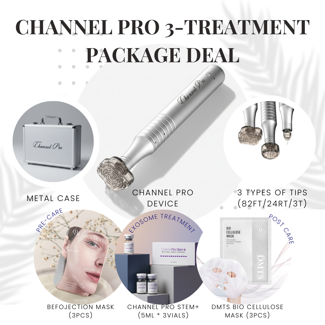 #1 Channel Pro Pen Package Special - 1. 3-treatment package with metal case 2. channel pro device only Channel Pro is the #1 microchanneling device. It creates precise channels for serums while minimizing unnecessary skin damage, resulting in shorter downtime and outstanding results. The specially designed tips are the key to its success! Login or register to access special pricing #1 Channel Pro Pen NEW Device with Metal Case, 3 Tips and 3 Treatments of pre-treat, post care mask and exosomes #1 Channel Pro Pen NEW Device with Metal Case, 3 Tips and 3 Treatments of pre-treat, post care mask and exosomes Comes with 1 year unconditional warranty! Channel Pro Pen New Device USB Charger Line Metal Case 82Flower Tip 24Round Tip 3Tip Channel Pro Stem+ (5ml*3ea) - exosomes Befojection Mask (3 sheet masks) - pre-care DMTS biocellulose Mask (3 sheets) - post care 1 Year unconditional warranty #1 micro channeling pen_ _______________________________________________________________________________________________________ Brief Information of Channel Pro Stem + Channel Pro Stem+ is a high-performance exosome ampoule designed to boost skin regeneration and radiance, especially when paired with microchanneling. Featuring a triple exosome blend (human stem cell–derived factors + apple EVs + grape EVs), essential amino acids, and vitamins, it supports fast recovery, improved tone, and a healthy glow. Lightweight, fast-absorbing, and device-friendly—ideal for channeling, stamping, and transdermal infusion treatments. Key Benefits: Enhances regeneration & post-procedure recovery Improves luminosity and skin tone Lightweight texture absorbs quickly into microchannels Suitable for all skin types, including sensitive