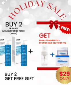 Dr.SANTE Soother Toner (200ml) 2ea + FREE Dr. Sante Semi-Gel Toner Pad (1box*80Pads) & Bubble Bottle Dr.SANTE Soother Toner (200ml) 2EA + FREE Dr. Sante Semi-Gel Toner Pad (1box*80Pads) & Free Bubble Bottle Log in or register now to access special pricing. Soothing Moisturizing Pad for sensitive skin. Excellent moisture absorption and water resistance! Just 7 Mins for instant hydration! Gentle on sensitive skin Eco-friendly care - 100% naturally biodegradable! Good to pair with Azuelen base Dr. Sante Soother Toner  Dr. SANTE – KOREA NO.1 AESTHETIC BRAND Loved by Korean estheticians and K-beauty customers Beautiful skin starts from here. | You’ll hear the difference in your skin – with Dr. SANTE