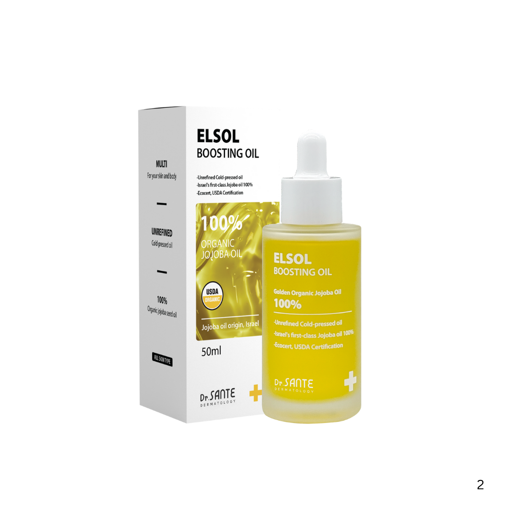 Dr. Sante Elsol Boosting Oil (50ml) Premium Israeli Jojoba Oil 100%, known as the highest grade Unrefined, cold-pressed, and USDA-certified organic Jojoba oil For dry skin, all skin type Dr. Sante Elsol Boosting Oil Ingredient : Israeli Jojoba Oil 100% Dr. SANTE – KOREA NO.1 AESTHETIC BRAND