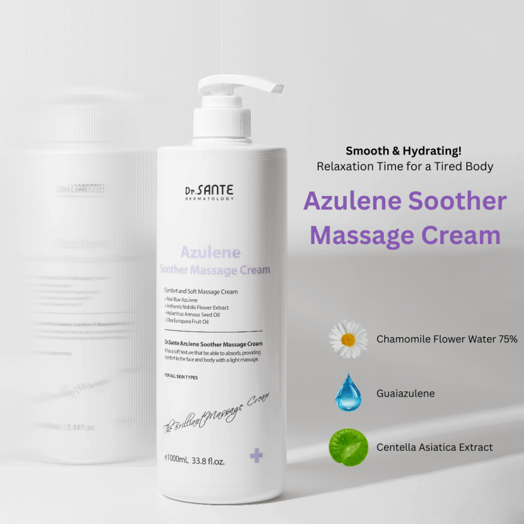 Dr.Sante Azulene Soother Massage Cream (1000ml) Large-Capacity Massage Cream for Face, Décolleté, Body & Legs A rich, nourishing cream infused with moisturizing and vegetable oils to keep skin hydrated and supple. Its non-sticky, non-greasy texture allows for long massage sessions while leaving only a soft, hydrated finish. Safe to use with heated beauty devices, thanks to its gentle and stable formula. The absorbable texture means there’s no need to wipe off after massage simply let it absorb into the skin. If excess product remains from a long massage, gently wipe away any residue. Dr.Sante Azulene Soother Massage Cream Ingredients AQUA, Helianthus Annuus (Sunflower) Seed Oil, Ethylhexyl Stearate, Caprylic/Capric Glycerides, Glycerine, Butylene Glycol, Olea Europaea (Olive) Fruit Oil, 1,2-Hexanediol, Cetyl Alcohol, Glyceryl Stearate, Sorbitan Sesquioleate, Polysorbate 60, Stearic Acid, Butyrospermum Parkii (Shea) Butter, Arginine, Carbomer, Lavandula Angustifolia (Lavender) Extract, Tocopheryl Acetate, Triticum Vulgare (Wheat) Germ Oil, Acetyl Hexapeptide-8, Camellia Sinensis Leaf Extract, Rosa Centifolia Flower Water, Centella Asiatica Extract, Anthemis Nobilis Flower Extract, Hamamelis Virginiana Extract, Aloe Vera Leaf Extract, Guaiazulene, Fragrance, Disodium EDTA Dr. SANTE – KOREA NO.1 AESTHETIC BRAND Loved by Korean estheticians and K-beauty customers Beautiful skin starts from here. | You’ll hear the difference in your skin – with Dr. SANTE
