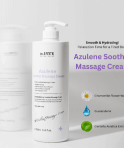 Dr.Sante Azulene Soother Massage Cream (1000ml) Large-Capacity Massage Cream for Face, Décolleté, Body & Legs A rich, nourishing cream infused with moisturizing and vegetable oils to keep skin hydrated and supple. Its non-sticky, non-greasy texture allows for long massage sessions while leaving only a soft, hydrated finish. Safe to use with heated beauty devices, thanks to its gentle and stable formula. The absorbable texture means there’s no need to wipe off after massage simply let it absorb into the skin. If excess product remains from a long massage, gently wipe away any residue. Dr.Sante Azulene Soother Massage Cream Ingredients AQUA, Helianthus Annuus (Sunflower) Seed Oil, Ethylhexyl Stearate, Caprylic/Capric Glycerides, Glycerine, Butylene Glycol, Olea Europaea (Olive) Fruit Oil, 1,2-Hexanediol, Cetyl Alcohol, Glyceryl Stearate, Sorbitan Sesquioleate, Polysorbate 60, Stearic Acid, Butyrospermum Parkii (Shea) Butter, Arginine, Carbomer, Lavandula Angustifolia (Lavender) Extract, Tocopheryl Acetate, Triticum Vulgare (Wheat) Germ Oil, Acetyl Hexapeptide-8, Camellia Sinensis Leaf Extract, Rosa Centifolia Flower Water, Centella Asiatica Extract, Anthemis Nobilis Flower Extract, Hamamelis Virginiana Extract, Aloe Vera Leaf Extract, Guaiazulene, Fragrance, Disodium EDTA Dr. SANTE – KOREA NO.1 AESTHETIC BRAND Loved by Korean estheticians and K-beauty customers Beautiful skin starts from here. | You’ll hear the difference in your skin – with Dr. SANTE