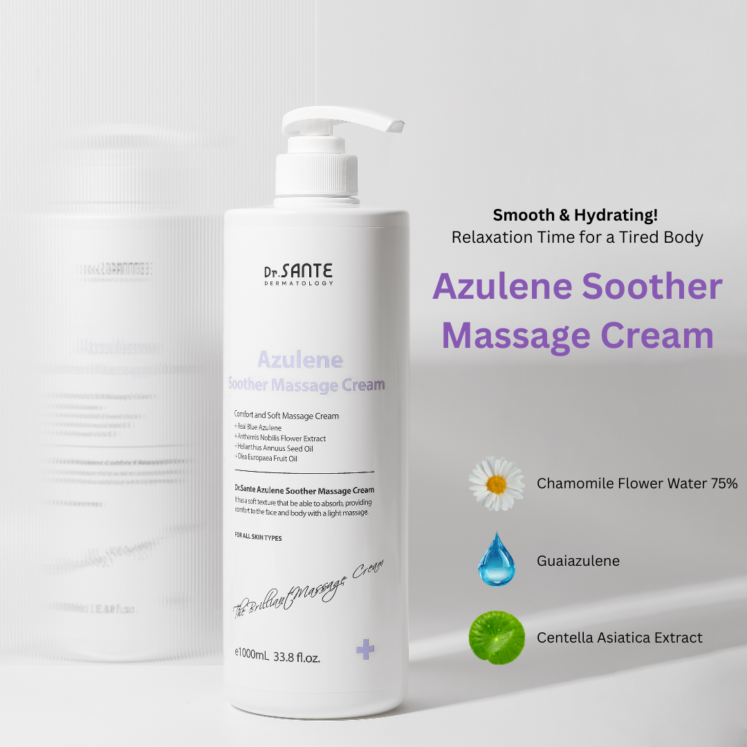 Dr.Sante Azulene Soother Massage Cream (1000ml) Large-Capacity Massage Cream for Face, Décolleté, Body & Legs A rich, nourishing cream infused with moisturizing and vegetable oils to keep skin hydrated and supple. Its non-sticky, non-greasy texture allows for long massage sessions while leaving only a soft, hydrated finish. Safe to use with heated beauty devices, thanks to its gentle and stable formula. The absorbable texture means there’s no need to wipe off after massage simply let it absorb into the skin. If excess product remains from a long massage, gently wipe away any residue. Dr.Sante Azulene Soother Massage Cream Ingredients AQUA, Helianthus Annuus (Sunflower) Seed Oil, Ethylhexyl Stearate, Caprylic/Capric Glycerides, Glycerine, Butylene Glycol, Olea Europaea (Olive) Fruit Oil, 1,2-Hexanediol, Cetyl Alcohol, Glyceryl Stearate, Sorbitan Sesquioleate, Polysorbate 60, Stearic Acid, Butyrospermum Parkii (Shea) Butter, Arginine, Carbomer, Lavandula Angustifolia (Lavender) Extract, Tocopheryl Acetate, Triticum Vulgare (Wheat) Germ Oil, Acetyl Hexapeptide-8, Camellia Sinensis Leaf Extract, Rosa Centifolia Flower Water, Centella Asiatica Extract, Anthemis Nobilis Flower Extract, Hamamelis Virginiana Extract, Aloe Vera Leaf Extract, Guaiazulene, Fragrance, Disodium EDTA Dr. SANTE – KOREA NO.1 AESTHETIC BRAND Loved by Korean estheticians and K-beauty customers Beautiful skin starts from here. | You’ll hear the difference in your skin – with Dr. SANTE