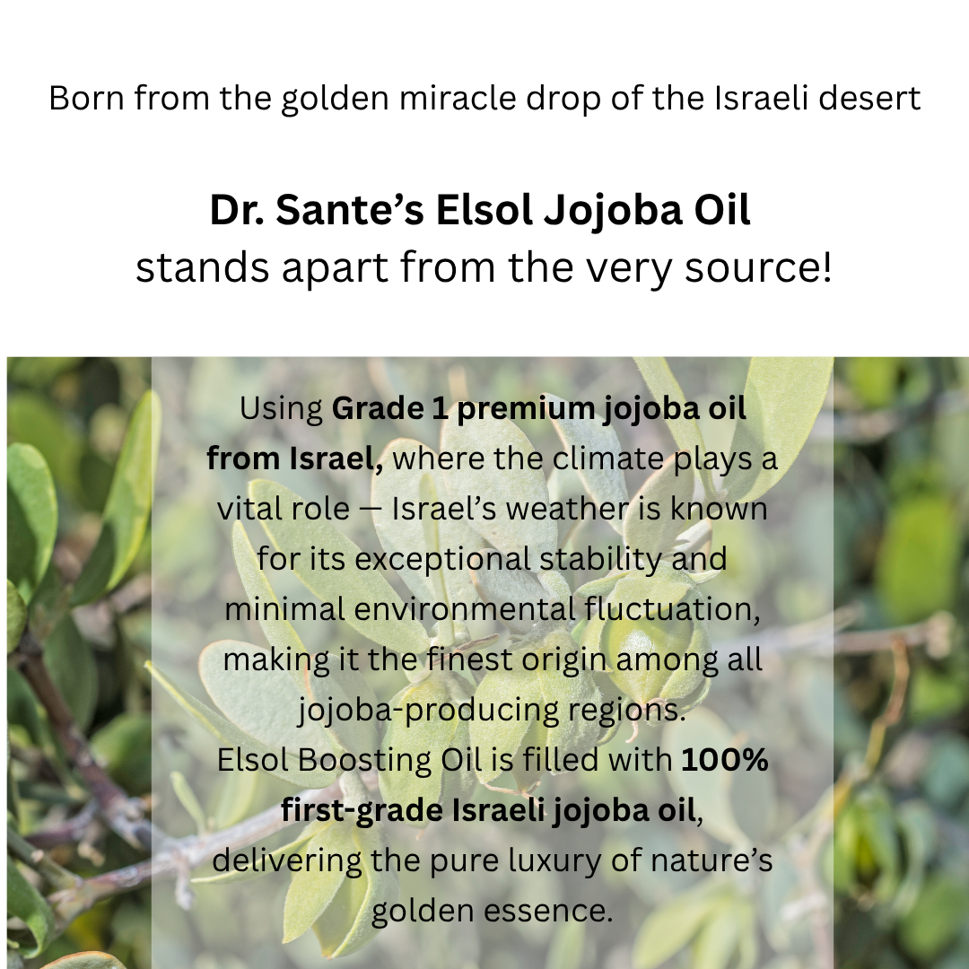 Dr. Sante Elsol Boosting Oil (50ml) Premium Israeli Jojoba Oil 100%, known as the highest grade Unrefined, cold-pressed, and USDA-certified organic Jojoba oil For dry skin, all skin type Dr. Sante Elsol Boosting Oil Ingredient : Israeli Jojoba Oil 100% Dr. SANTE – KOREA NO.1 AESTHETIC BRAND