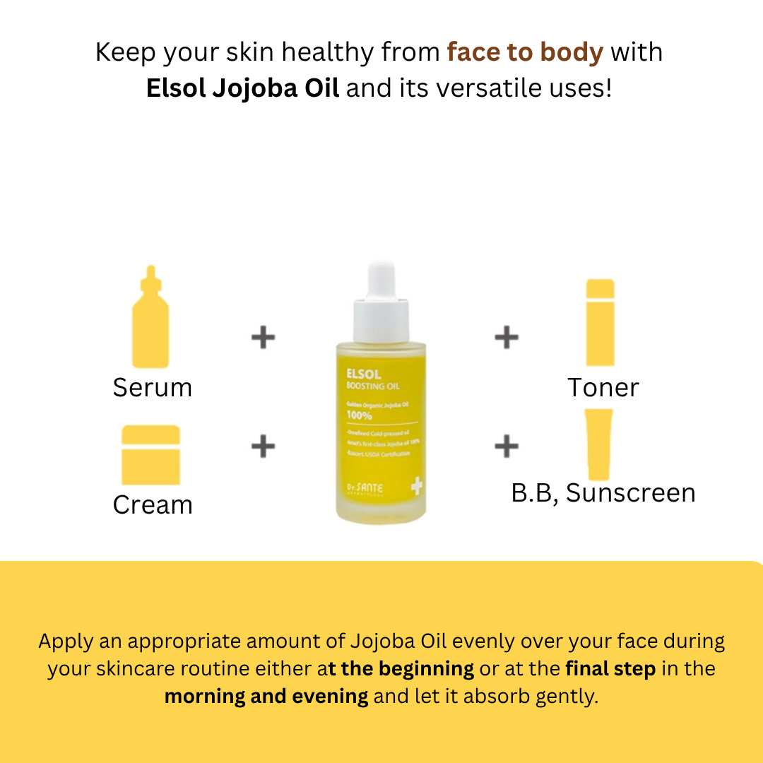 Dr. Sante Elsol Boosting Oil (50ml) Premium Israeli Jojoba Oil 100%, known as the highest grade Unrefined, cold-pressed, and USDA-certified organic Jojoba oil For dry skin, all skin type Dr. Sante Elsol Boosting Oil Ingredient : Israeli Jojoba Oil 100% Dr. SANTE – KOREA NO.1 AESTHETIC BRAND