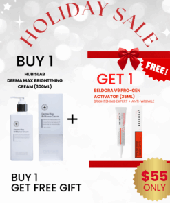 Hubislab Derma Max Brightening/Brilliance Cream (300g) + FREE Beldora V9 Pro-gen activator (35ml) 1ea Log in or register now to access special pricing. HubisLab Derma Max Line Brightening Cream 300g / Brilliance Cream *Product expires 2026/05 Backbar item Derma Max Brightening Clinic helps improve skin tone and provides nourishment to strengthen the skin. Derma Max Line applies the 3 steps brightening system (prevention brightening, pigmentation brightening, regeneration brightening) to revive dull skin, provide cleanliness and brightness to the skin. All skin types. 300g / 10.58 oz. Directions: Use as the last skin care step. Apply an appropriate amount onto face and neck. Gently pat to improve absorption. Ingredients: Water, Butylene Glycol, Macadamia Integrifolia Seed Oil, Propanediol, Tranexamic Acid, Sodium Acrylate/Sodium Acryloyldimethyl Taurate Copolymer, Isohexadecane, polysorbate 80, Sorbitan Oleate, Dimethicone, Caprylic/Capric Triglyceride,  Cyclopentasiloxane, Niacinamide, Cyclopentasiloxane, Cyclohexasiloxane, Cetearyl Olivate, Sorbitan Olivate, Squalane, 1,2-Hexanediol, Titanium Dioxide, Glyceryl Stearate, PEG-100 Stearate, Hydrogenated C6-14 Olefin Polymers, Cetearyl Alcohol, Glyceryl Stearate, Bisabolol, Trehalose, Butyrospermum Parkii (Shea Butter), Stearic Acid, Silica, Glyceryl Caprylate, Pentylene Glycol, Madecassoside, Xylitylglucoside, Anhydroxylitol, Xylitol, Glucose, 1,2-Hexanediol, Sodium Hyaluronate, Ethylhexylglycerin, Butylene Glycol, Glycine, Serine, Glutamic Acid, Aspartic Acid, Leucine, Alanine, Lysine, Arginine, Tyrosine, Phenylalanine, Threonine, Proline, Valine, Isoleucine, Histidine, Methionine, Cysteine, Jasminum Officinale (Jasmine) Oil, Olea Europaea (Olive) Fruit Oil, Citrus Aurantium Dulcis (Orange) Flower Oil, Dipotassium Glycyrrhizate, Ethylhexylglycerin, Citric Acid, Adenosine, Tocopheryl Acetate, Terminalia Ferdinandiana Fruit Extract, Butylene Glycol, 1,2-Hexanediol, Centella Asiatica Extract, Butylene Glycol, Glycyrrhiza Glabra (Licorice) Root Extract, Glutathione, Xanthan gum, Resveratrol, Beta-Glucan, 3-O-Ethyl Ascorbic Acid. Beldora +V9 Pro-Gen Activator Brightening Expert +Anti-Wrinkle Beldora +V9 Pro-Gen Activator Brightening Expert +Anti-Wrinkle Dermalogy tested /Dual Functional skincare 35ml 1.18fl.oz [Brighter and smoother] Brightens skin tone and improves fine lines. Formulated with brightening active vitamins, niacinamide and peptide to provide dullness reducing and wrinkle reducing benefits See more info on below