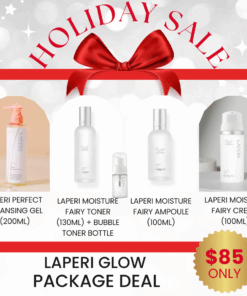 Laperi Moisture Fairy Glow Set (4items)_Black Friday Sale Log in or register now to access special pricing Laperi is a professional aesthetic skincare brand that captures the safe, stable, pure, and harmless energy of nature. Elevate your skin’s natural power with Laperi’s professional skincare solutions. What is included? Laperi Perfect Cleansing Gel (200ml) Gentle mild acidic cleanser with natural surfactants. Laperi Moisture Fairy Toner (130ml) + Bubble toner bottle Soft, airy bubbles melt gently into the skin. Quickly calming and soothing even the most sensitive skin. This product can be used as both watery type toner and bubble toner Laperi Moisture Fairy Ampoule (100ml) Highly condensed ampoule with 10 different types of hyaluronic acid to provide deep hydration to the skin. Laperi Moisture Fairy Cream (100ml) Rich cream that strengthens skin barrier and giving hydration with calming effect Laperi Perfect Cleansing Gel Ingredients :  Purified Water, Sea Water, Disodium Cocoyl Glutamate, Disodium Laureth Sulfosuccinate, Potassium Cocoyl Glycinate, Acrylates Copolymer, Sodium Chloride, Glycerin, 1,2-Hexanediol, Centella Asiatica Extract, Fig Extract, Laminaria Japonica Extract, Eclipta Prostrata Leaf Extract, Ulmus Davidiana Root Extract, Achyranthes Japonica Extract, Hydrolyzed Glycosaminoglycans, Chondrus Crispus Extract, Olive Fruit Oil, Hippophae Rhamnoides Oil, Polyglyceryl-10 Laurate, Decyl Glucoside, Tromethamine, Butylene Glycol, Hexylene Glycol, Betaine, Propylene Glycol Caprylate, Ceramide NP, Beta-Glucan, Hydrolyzed Sodium Hyaluronate, Phytosphingosine, Fragrance, Ethylhexylglycerin, Sodium Benzoate Laperi Moisture Fairy Toner Ingredients :  Purified water, seawater, propanediol, 1,2-hexanediol, silver grass extract, trehalose, propolis extract, Glycine soja (soybean) sprout extract, Ziziphus jujuba (jojoba) seed extract, Centella asiatica flower oil, Salvia oil, camellia oil, betaine, C12-14 pareth-12, butylene glycol, sodium stearate, citric acid, disodium EDTA, dimethylsilanol hyaluronate, hydrolyzed sodium hyaluronate, hydrolyzed hyaluronic acid, sodium hyaluronate crosspolymer, hydroxypropyltrimonium hyaluronate, sodium acetylated hyaluronate, sodium hyaluronate dimethylsilanol, ethylhexylglycerin, citronellol, geraniol, linalool Laperi Moisture Fairy Ampoule Ingredients:  Purified water, glycerin, 1,2-hexanediol, glyceryl stearate SE, methyl gluceth-20, methylpropanediol, niacinamide, dipotassium glycyrrhizate, betaine, panthenol, propolis extract, mugwort extract, houttuynia cordata extract, Glycine soja (soybean) sprout extract, Centella asiatica extract, hydrolyzed hyaluronic acid, sodium hyaluronate, squalane, caprylic/capric triglyceride, beta-glucan, polyglutamic acid, sodium PCA, sorbitan olivate, carbomer, butylene glycol, xanthan gum, tromethamine, ceramide NP, ethylhexylglycerin, phytosphingosine, disodium EDTA, sodium phytate, diisostearyl malate, hydrolyzed glycosaminoglycans, hydrogenated lecithin, hydroxyacetophenone, sodium acetylated hyaluronate, sodium hyaluronate crosspolymer, potassium hyaluronate, hydrolyzed sodium hyaluronate, sodium hyaluronate dimethylsilanol, sodium hyaluronate methacryloyloxyethyl phosphorylcholine crosspolymer, hydrolyzed sodium hyaluronate esters, sodium hyaluronate butyrate, hydroxypropyltrimonium hyaluronate, hydrolyzed hyaluronic acid stearoylphytosphingosine, ethylhexylglycerin, phenoxyethanol, citric acid, trehalose, ribose Laperi Moisture Fairy Cream Ingredients:  Purified water, glycerin, caprylic/capric triglyceride, coconut oil, seawater, hydrolyzed hyaluronic acid, 1,2-hexanediol, shea butter, phytosteryl/octyldodecyl lauroyl glutamate, asiatic pennywort extract, fermented black tea extract, milk thistle extract, Portulaca oleracea extract, mugwort extract, Centella asiatica flower oil, sodium hyaluronate, salvia oil, camellia oil, bergamot oil, grapefruit seed oil, evening primrose oil, sea buckthorn oil, allantoin, carbomer, bisabolol, sodium stearoyl glutamate, xanthan gum, adenosine, fructooligosaccharides, beta-glucan, hydroxypropyltrimonium hyaluronate, ceramide NP, butylene glycol, dimethylsilanol hyaluronate, hydrolyzed sodium hyaluronate, potassium hyaluronate, hyaluronic acid, sodium hyaluronate crosspolymer, hydrolyzed hyaluronic acid stearoylphytosphingosine, sodium hyaluronate dimethylsilanol, sodium acetylated hyaluronic acid, phytosphingosine, ethylhexylglycerin, citronellol, geraniol, linalool, limonene