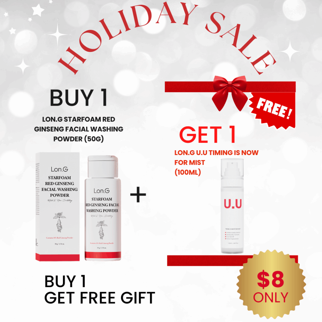 Buy 1 Lon.G Starfoam Red Ginseng Facial Washing Powder (50g) + Free Lon.G Propeace U.U Timing is now for mist 100ml_Black Friday Sale Login or register to access special pricing Lon.G Starfoam Red Ginseng Powder Facial Washing Powder 50g The Lon.G Starfoam Red Ginseng facial wash powder is a daily, enzyme-based cleansing product designed to gently remove sebum and dead skin cells. Its mild, weak-acid formula ensures thorough cleansing without irritating the skin, promoting a hydrated and smooth complexion. The inclusion of red ginseng extract supports skin nourishment and vitality. Ideal for sensitive skin types, this powder transforms into a creamy foam when you add water and is a very effective cleanser. Free 1ea Lon.G Propeace U.U Timing is now for mist 100ml Golden formula for skin barrier hydration, safely spray with travel-size U.U Mist! Centella Asiatica Extrac Lactobacillus Ferment Ceramide NP Sodium Hyaluronate