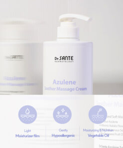 Dr.Sante Azulene Soother Massage Cream (1000ml) Large-Capacity Massage Cream for Face, Décolleté, Body & Legs A rich, nourishing cream infused with moisturizing and vegetable oils to keep skin hydrated and supple. Its non-sticky, non-greasy texture allows for long massage sessions while leaving only a soft, hydrated finish. Safe to use with heated beauty devices, thanks to its gentle and stable formula. The absorbable texture means there’s no need to wipe off after massage simply let it absorb into the skin. If excess product remains from a long massage, gently wipe away any residue. Dr.Sante Azulene Soother Massage Cream Ingredients AQUA, Helianthus Annuus (Sunflower) Seed Oil, Ethylhexyl Stearate, Caprylic/Capric Glycerides, Glycerine, Butylene Glycol, Olea Europaea (Olive) Fruit Oil, 1,2-Hexanediol, Cetyl Alcohol, Glyceryl Stearate, Sorbitan Sesquioleate, Polysorbate 60, Stearic Acid, Butyrospermum Parkii (Shea) Butter, Arginine, Carbomer, Lavandula Angustifolia (Lavender) Extract, Tocopheryl Acetate, Triticum Vulgare (Wheat) Germ Oil, Acetyl Hexapeptide-8, Camellia Sinensis Leaf Extract, Rosa Centifolia Flower Water, Centella Asiatica Extract, Anthemis Nobilis Flower Extract, Hamamelis Virginiana Extract, Aloe Vera Leaf Extract, Guaiazulene, Fragrance, Disodium EDTA Dr. SANTE – KOREA NO.1 AESTHETIC BRAND Loved by Korean estheticians and K-beauty customers Beautiful skin starts from here. | You’ll hear the difference in your skin – with Dr. SANTE