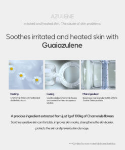 Dr. Sante Azulene Soother BB Cushion (15g) Moisturizing and close-fitting perfect skin fit azulene ingredietn based airless BB cushion Makeup and skincare at the same time! cushion that helps soothe the skin after facial treatment #azulene base #thinlayer cover #healthy skin Dr. SANTE – KOREA NO.1 AESTHETIC BRAND Loved by Korean estheticians and K-beauty customers Beautiful skin starts from here. | You’ll hear the difference in your skin – with Dr. SANTE Dr. Sante Azulene Soother BB Cushion Ingredients : Chamomile Flower Water, Propanediol, Cetyl Ethylhexanoate, Caprylic/Capric Triglyceride, Titanium Dioxide, Butylene Glycol, Ethylhexyl Salicylate, Butyloctyl Salicylate, Phenyl Trimethicone, Cetearyl/PPG-10/1 Dimethicone, Polyglyceryl-6 Polyricinoleate, Ethylhexyl Palmitate, Purified Water, 1,2-Hexanediol, Disteardimonium Hectorite, Diisostearyl Malate, Sorbitan Sesquioleate, Zinc Oxide, Magnesium Sulfate, Beeswax, Ethoxy Diglycol, Panthenol, Lactobacillus Ferment Lysate, Evening Primrose Oil, Fragrance, Rosehip Extract, Mica, HDI/Trimethylol Hexyllactone Crosspolymer, Yellow Iron Oxide, Caprylyl Glycol, Aluminum Hydroxide, Triethoxycaprylylsilane, Tocopheryl Nicotinate, Red Iron Oxide, Ethylhexylglycerin, Methyldiisopropylpropionamide, Linseed Oil, Black Iron Oxide, Disodium EDTA, Sorbitan Laurate, Benzyl Salicylate, Silica, Hydrolyzed Chondrus Crispus/Chondrus Gum, Glycerin, Sodium Hyaluronate, Guaiazulene, Hydroxyethylcellulose, Acetyl Dipeptide-1 Cetyl Ester, Sodium Hyaluronate Crosspolymer, Hydrolyzed Hyaluronic Acid, Hydroxypropyltrimonium Hyaluronate, Ceramide NP, Tetracarboxymethyl Hexanoyl Dipeptide-12, Hyaluronic Acid, Sodium Acetylated Hyaluronate