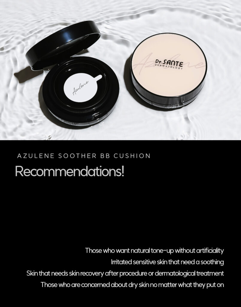 Dr. Sante Azulene Soother BB Cushion (15g) akeup and skincare at the same time! cushion that helps soothe the skin after proceduring ith chamomile flower water and azulene. azulene base, thinlayer cover, healthy skin