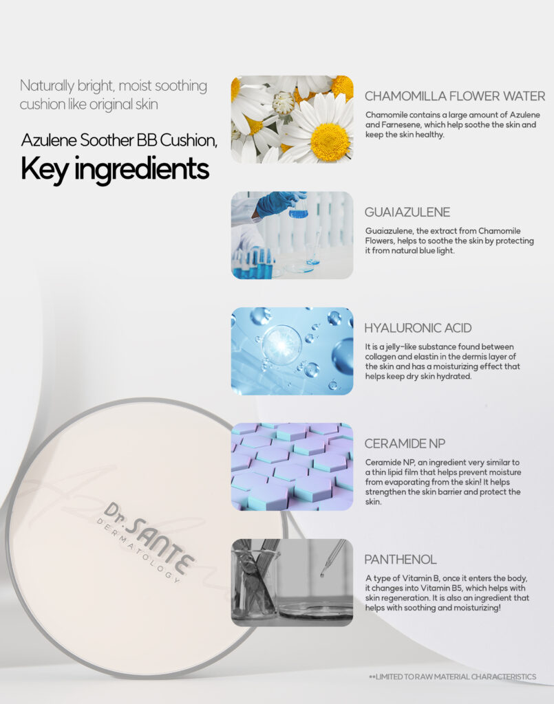 Dr. Sante Azulene Soother BB Cushion (15g) Key Ingredients : Chamomile Flower water, Guaiazulene, Hyaluronic Acid, cermaide NP, Panthenol
