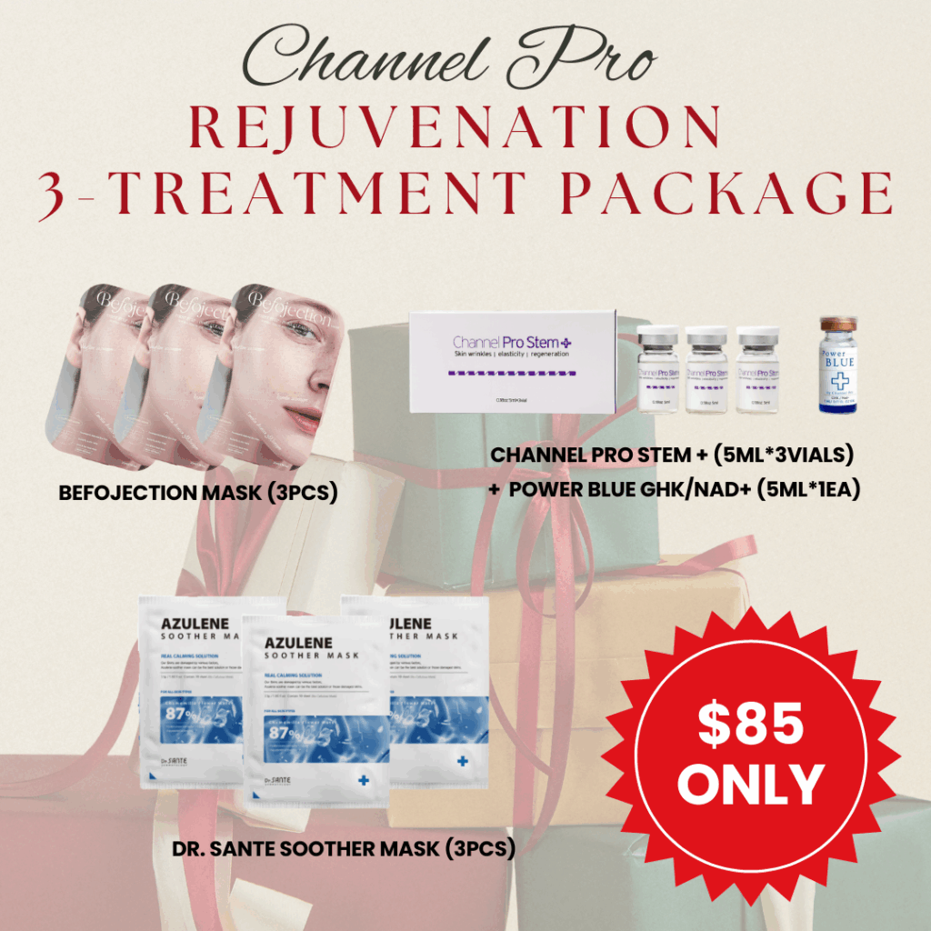 [Holiday Special] Channel Pro Rejuvenation, fine lines, elasticity 3-treatment package sale Log in or register now to access special pricing. What is included? Befojection mask (3pcs) Channel Pro Stem +(5ml *3vials) Power Blue GHK/ NAD+ (5ml *1ea) Dr. Sante Soother Mask (3pcs)