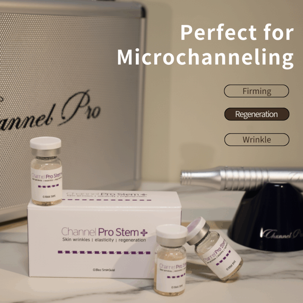 Channel Pro Stem+ (5ml*3vials) Triple Exosome Serum Skin Wrinkles | Elasticity | Regeneration Channel Pro Stem+ is an ampoule designed to support skin regeneration, enhance luminosity, and harmonize uneven skin tone. Formulated with stem cell conditioned media, plant-derived extracellular vesicles, amino acids, and multi-vitamins, it delivers soothing, moisturizing, and revitalizing benefits. Safe, stable, and non-irritating — ideal for microchanneling and professional skin treatments. Channel Pro Stem+ (5ml*3vials) Key Features Advanced Regeneration Support Formulated with Human Adipose Stem Cell Conditioned Media and dual plant-derived Extracellular Vesicles (Apple & Grape) to boost skin recovery and radiance. Luminosity & Tone Harmonizing Helps brighten dull skin, improve skin tone uniformity, and enhance overall clarity. Soothing & Strengthening Amino acids, vitamins (B-complex, niacinamide, folic acid), and minerals support skin barrier strengthening while providing a calming effect. Channel Pro Stem+ (5ml*3vials) Key Ingredients Benefits Regeneration & Skin Repair Human Adipose Stem Cell Conditioned Media Supports cellular communication, improves recovery, and boosts skin vitality. Malus Domestica Extracellular Vesicles / Vitis Vinifera EVs Plant-derived EVs rich in antioxidants; help improve skin texture, luminosity, and resilience. Brightening & Tone Correction Niacinamide Improves uneven tone, supports barrier, reduces dullness. Folic Acid / Inositol Helps with skin metabolism and improved radiance. Hydration & Skin Barrier Support Calcium chloride, Sodium chloride Mineral balance + hydration retention. Amino Acids (Arginine, Glycine, Alanine, Proline, etc.) Strengthen barrier, improve elasticity, maintain moisture. Antioxidant + Anti-stress Support Vitamins B1, B2, B3, B5, B6 Protects against oxidative stress and helps maintain healthy skin conditioning. pH & Cellular Balance HEPES (Hydroxyethylpiperazine Ethane Sulfonic Acid) Skin-conditioning buffer to maintain an optimal environment. Channel Pro Stem+ Ingredients Water · Human Adipose Stem Cell Conditioned Media · Malus Domestica Extracellular Vesicles · Vitis Vinifera Extracellular Vesicles · 1,2-Hexanediol · Calcium Chloride · Sodium Chloride · Sodium Phosphate · Arginine HCl · Cystine · Glutamine · Glycine · Histidine HCl · Isoleucine · Leucine · Lysine HCl · Methionine · Phenylalanine · Serine · Threonine · Tryptophan · Valine · Folic Acid · Inositol · Niacinamide · Calcium Pantothenate · Pyridoxine HCl · Riboflavin · Thiamine HCl · Glucose · Hydroxyethylpiperazine Ethane Sulfonic Acid · Sodium Pyruvate · Sodium Bicarbonate · Alanine · Asparagine · Aspartic Acid · Cysteine HCl · Glutamic Acid · Proline Channel Pro Stem+ Precautions Avoid contact with eyes. If contact occurs, rinse thoroughly with water. Store in a cool, dry place away from direct light. Keep out of reach of children. Use immediately after opening the vial for best quality.