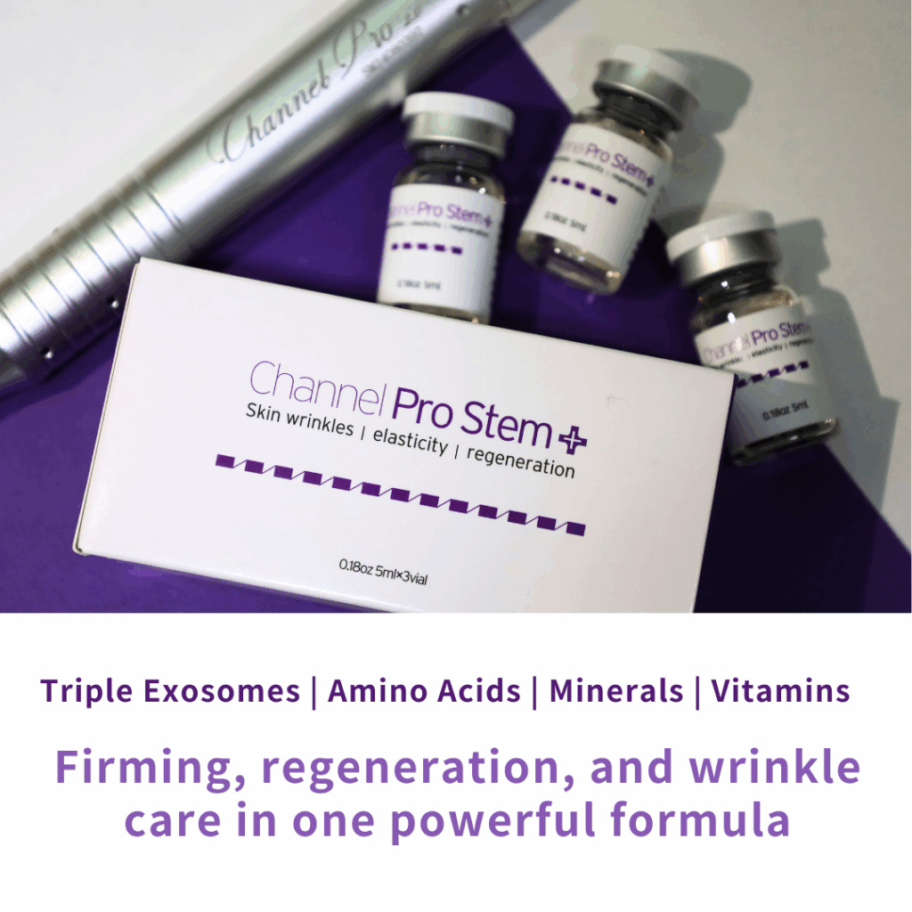 Channel Pro Stem+ (5ml*3vials) Triple Exosome Serum Skin Wrinkles | Elasticity | Regeneration Channel Pro Stem+ is an ampoule designed to support skin regeneration, enhance luminosity, and harmonize uneven skin tone. Formulated with stem cell conditioned media, plant-derived extracellular vesicles, amino acids, and multi-vitamins, it delivers soothing, moisturizing, and revitalizing benefits. Safe, stable, and non-irritating — ideal for microchanneling and professional skin treatments. Channel Pro Stem+ (5ml*3vials) Key Features Advanced Regeneration Support Formulated with Human Adipose Stem Cell Conditioned Media and dual plant-derived Extracellular Vesicles (Apple & Grape) to boost skin recovery and radiance. Luminosity & Tone Harmonizing Helps brighten dull skin, improve skin tone uniformity, and enhance overall clarity. Soothing & Strengthening Amino acids, vitamins (B-complex, niacinamide, folic acid), and minerals support skin barrier strengthening while providing a calming effect. Channel Pro Stem+ (5ml*3vials) Key Ingredients Benefits Regeneration & Skin Repair Human Adipose Stem Cell Conditioned Media Supports cellular communication, improves recovery, and boosts skin vitality. Malus Domestica Extracellular Vesicles / Vitis Vinifera EVs Plant-derived EVs rich in antioxidants; help improve skin texture, luminosity, and resilience. Brightening & Tone Correction Niacinamide Improves uneven tone, supports barrier, reduces dullness. Folic Acid / Inositol Helps with skin metabolism and improved radiance. Hydration & Skin Barrier Support Calcium chloride, Sodium chloride Mineral balance + hydration retention. Amino Acids (Arginine, Glycine, Alanine, Proline, etc.) Strengthen barrier, improve elasticity, maintain moisture. Antioxidant + Anti-stress Support Vitamins B1, B2, B3, B5, B6 Protects against oxidative stress and helps maintain healthy skin conditioning. pH & Cellular Balance HEPES (Hydroxyethylpiperazine Ethane Sulfonic Acid) Skin-conditioning buffer to maintain an optimal environment. Channel Pro Stem+ Ingredients Water · Human Adipose Stem Cell Conditioned Media · Malus Domestica Extracellular Vesicles · Vitis Vinifera Extracellular Vesicles · 1,2-Hexanediol · Calcium Chloride · Sodium Chloride · Sodium Phosphate · Arginine HCl · Cystine · Glutamine · Glycine · Histidine HCl · Isoleucine · Leucine · Lysine HCl · Methionine · Phenylalanine · Serine · Threonine · Tryptophan · Valine · Folic Acid · Inositol · Niacinamide · Calcium Pantothenate · Pyridoxine HCl · Riboflavin · Thiamine HCl · Glucose · Hydroxyethylpiperazine Ethane Sulfonic Acid · Sodium Pyruvate · Sodium Bicarbonate · Alanine · Asparagine · Aspartic Acid · Cysteine HCl · Glutamic Acid · Proline Channel Pro Stem+ Precautions Avoid contact with eyes. If contact occurs, rinse thoroughly with water. Store in a cool, dry place away from direct light. Keep out of reach of children. Use immediately after opening the vial for best quality.