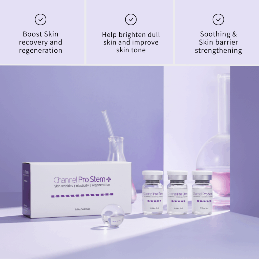 Channel Pro Stem+ (5ml*3vials) Triple Exosome Serum Skin Wrinkles | Elasticity | Regeneration Channel Pro Stem+ is an ampoule designed to support skin regeneration, enhance luminosity, and harmonize uneven skin tone. Formulated with stem cell conditioned media, plant-derived extracellular vesicles, amino acids, and multi-vitamins, it delivers soothing, moisturizing, and revitalizing benefits. Safe, stable, and non-irritating — ideal for microchanneling and professional skin treatments. Channel Pro Stem+ (5ml*3vials) Key Features Advanced Regeneration Support Formulated with Human Adipose Stem Cell Conditioned Media and dual plant-derived Extracellular Vesicles (Apple & Grape) to boost skin recovery and radiance. Luminosity & Tone Harmonizing Helps brighten dull skin, improve skin tone uniformity, and enhance overall clarity. Soothing & Strengthening Amino acids, vitamins (B-complex, niacinamide, folic acid), and minerals support skin barrier strengthening while providing a calming effect. Channel Pro Stem+ (5ml*3vials) Key Ingredients Benefits Regeneration & Skin Repair Human Adipose Stem Cell Conditioned Media Supports cellular communication, improves recovery, and boosts skin vitality. Malus Domestica Extracellular Vesicles / Vitis Vinifera EVs Plant-derived EVs rich in antioxidants; help improve skin texture, luminosity, and resilience. Brightening & Tone Correction Niacinamide Improves uneven tone, supports barrier, reduces dullness. Folic Acid / Inositol Helps with skin metabolism and improved radiance. Hydration & Skin Barrier Support Calcium chloride, Sodium chloride Mineral balance + hydration retention. Amino Acids (Arginine, Glycine, Alanine, Proline, etc.) Strengthen barrier, improve elasticity, maintain moisture. Antioxidant + Anti-stress Support Vitamins B1, B2, B3, B5, B6 Protects against oxidative stress and helps maintain healthy skin conditioning. pH & Cellular Balance HEPES (Hydroxyethylpiperazine Ethane Sulfonic Acid) Skin-conditioning buffer to maintain an optimal environment. Channel Pro Stem+ Ingredients Water · Human Adipose Stem Cell Conditioned Media · Malus Domestica Extracellular Vesicles · Vitis Vinifera Extracellular Vesicles · 1,2-Hexanediol · Calcium Chloride · Sodium Chloride · Sodium Phosphate · Arginine HCl · Cystine · Glutamine · Glycine · Histidine HCl · Isoleucine · Leucine · Lysine HCl · Methionine · Phenylalanine · Serine · Threonine · Tryptophan · Valine · Folic Acid · Inositol · Niacinamide · Calcium Pantothenate · Pyridoxine HCl · Riboflavin · Thiamine HCl · Glucose · Hydroxyethylpiperazine Ethane Sulfonic Acid · Sodium Pyruvate · Sodium Bicarbonate · Alanine · Asparagine · Aspartic Acid · Cysteine HCl · Glutamic Acid · Proline Channel Pro Stem+ Precautions Avoid contact with eyes. If contact occurs, rinse thoroughly with water. Store in a cool, dry place away from direct light. Keep out of reach of children. Use immediately after opening the vial for best quality.