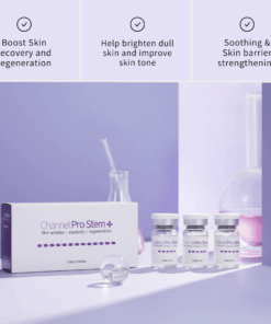 Channel Pro Stem+ (5ml*3vials) Triple Exosome Serum Skin Wrinkles | Elasticity | Regeneration Channel Pro Stem+ is an ampoule designed to support skin regeneration, enhance luminosity, and harmonize uneven skin tone. Formulated with stem cell conditioned media, plant-derived extracellular vesicles, amino acids, and multi-vitamins, it delivers soothing, moisturizing, and revitalizing benefits. Safe, stable, and non-irritating — ideal for microchanneling and professional skin treatments. Channel Pro Stem+ (5ml*3vials) Key Features Advanced Regeneration Support Formulated with Human Adipose Stem Cell Conditioned Media and dual plant-derived Extracellular Vesicles (Apple & Grape) to boost skin recovery and radiance. Luminosity & Tone Harmonizing Helps brighten dull skin, improve skin tone uniformity, and enhance overall clarity. Soothing & Strengthening Amino acids, vitamins (B-complex, niacinamide, folic acid), and minerals support skin barrier strengthening while providing a calming effect. Channel Pro Stem+ (5ml*3vials) Key Ingredients Benefits Regeneration & Skin Repair Human Adipose Stem Cell Conditioned Media Supports cellular communication, improves recovery, and boosts skin vitality. Malus Domestica Extracellular Vesicles / Vitis Vinifera EVs Plant-derived EVs rich in antioxidants; help improve skin texture, luminosity, and resilience. Brightening & Tone Correction Niacinamide Improves uneven tone, supports barrier, reduces dullness. Folic Acid / Inositol Helps with skin metabolism and improved radiance. Hydration & Skin Barrier Support Calcium chloride, Sodium chloride Mineral balance + hydration retention. Amino Acids (Arginine, Glycine, Alanine, Proline, etc.) Strengthen barrier, improve elasticity, maintain moisture. Antioxidant + Anti-stress Support Vitamins B1, B2, B3, B5, B6 Protects against oxidative stress and helps maintain healthy skin conditioning. pH & Cellular Balance HEPES (Hydroxyethylpiperazine Ethane Sulfonic Acid) Skin-conditioning buffer to maintain an optimal environment. Channel Pro Stem+ Ingredients Water · Human Adipose Stem Cell Conditioned Media · Malus Domestica Extracellular Vesicles · Vitis Vinifera Extracellular Vesicles · 1,2-Hexanediol · Calcium Chloride · Sodium Chloride · Sodium Phosphate · Arginine HCl · Cystine · Glutamine · Glycine · Histidine HCl · Isoleucine · Leucine · Lysine HCl · Methionine · Phenylalanine · Serine · Threonine · Tryptophan · Valine · Folic Acid · Inositol · Niacinamide · Calcium Pantothenate · Pyridoxine HCl · Riboflavin · Thiamine HCl · Glucose · Hydroxyethylpiperazine Ethane Sulfonic Acid · Sodium Pyruvate · Sodium Bicarbonate · Alanine · Asparagine · Aspartic Acid · Cysteine HCl · Glutamic Acid · Proline Channel Pro Stem+ Precautions Avoid contact with eyes. If contact occurs, rinse thoroughly with water. Store in a cool, dry place away from direct light. Keep out of reach of children. Use immediately after opening the vial for best quality.