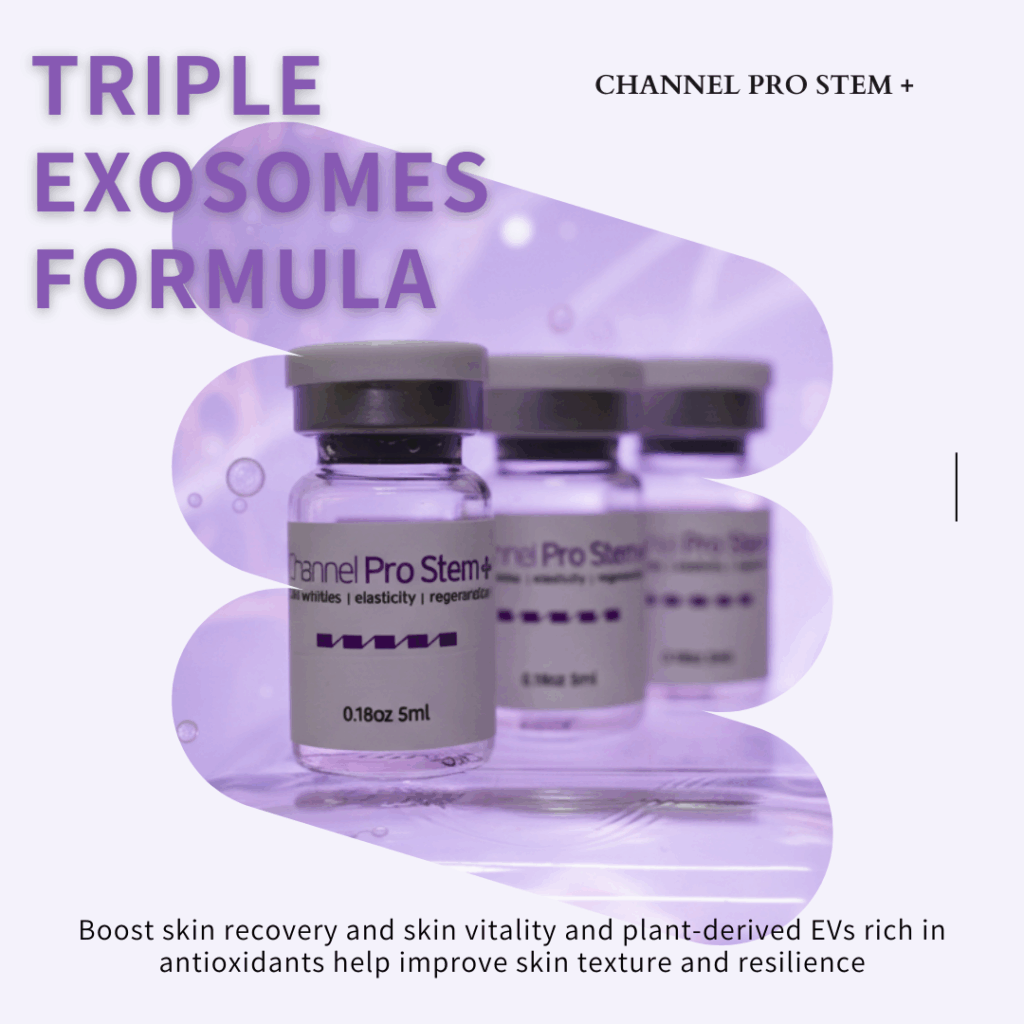 Channel Pro Stem+ (5ml*3vials) Triple Exosome Serum Skin Wrinkles | Elasticity | Regeneration Channel Pro Stem+ is an ampoule designed to support skin regeneration, enhance luminosity, and harmonize uneven skin tone. Formulated with stem cell conditioned media, plant-derived extracellular vesicles, amino acids, and multi-vitamins, it delivers soothing, moisturizing, and revitalizing benefits. Safe, stable, and non-irritating — ideal for microchanneling and professional skin treatments. Channel Pro Stem+ (5ml*3vials) Key Features Advanced Regeneration Support Formulated with Human Adipose Stem Cell Conditioned Media and dual plant-derived Extracellular Vesicles (Apple & Grape) to boost skin recovery and radiance. Luminosity & Tone Harmonizing Helps brighten dull skin, improve skin tone uniformity, and enhance overall clarity. Soothing & Strengthening Amino acids, vitamins (B-complex, niacinamide, folic acid), and minerals support skin barrier strengthening while providing a calming effect. Channel Pro Stem+ (5ml*3vials) Key Ingredients Benefits Regeneration & Skin Repair Human Adipose Stem Cell Conditioned Media Supports cellular communication, improves recovery, and boosts skin vitality. Malus Domestica Extracellular Vesicles / Vitis Vinifera EVs Plant-derived EVs rich in antioxidants; help improve skin texture, luminosity, and resilience. Brightening & Tone Correction Niacinamide Improves uneven tone, supports barrier, reduces dullness. Folic Acid / Inositol Helps with skin metabolism and improved radiance. Hydration & Skin Barrier Support Calcium chloride, Sodium chloride Mineral balance + hydration retention. Amino Acids (Arginine, Glycine, Alanine, Proline, etc.) Strengthen barrier, improve elasticity, maintain moisture. Antioxidant + Anti-stress Support Vitamins B1, B2, B3, B5, B6 Protects against oxidative stress and helps maintain healthy skin conditioning. pH & Cellular Balance HEPES (Hydroxyethylpiperazine Ethane Sulfonic Acid) Skin-conditioning buffer to maintain an optimal environment. Channel Pro Stem+ Ingredients Water · Human Adipose Stem Cell Conditioned Media · Malus Domestica Extracellular Vesicles · Vitis Vinifera Extracellular Vesicles · 1,2-Hexanediol · Calcium Chloride · Sodium Chloride · Sodium Phosphate · Arginine HCl · Cystine · Glutamine · Glycine · Histidine HCl · Isoleucine · Leucine · Lysine HCl · Methionine · Phenylalanine · Serine · Threonine · Tryptophan · Valine · Folic Acid · Inositol · Niacinamide · Calcium Pantothenate · Pyridoxine HCl · Riboflavin · Thiamine HCl · Glucose · Hydroxyethylpiperazine Ethane Sulfonic Acid · Sodium Pyruvate · Sodium Bicarbonate · Alanine · Asparagine · Aspartic Acid · Cysteine HCl · Glutamic Acid · Proline Channel Pro Stem+ Precautions Avoid contact with eyes. If contact occurs, rinse thoroughly with water. Store in a cool, dry place away from direct light. Keep out of reach of children. Use immediately after opening the vial for best quality.