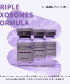 Channel Pro Stem+ (5ml*3vials) Triple Exosome Serum Skin Wrinkles | Elasticity | Regeneration Channel Pro Stem+ is an ampoule designed to support skin regeneration, enhance luminosity, and harmonize uneven skin tone. Formulated with stem cell conditioned media, plant-derived extracellular vesicles, amino acids, and multi-vitamins, it delivers soothing, moisturizing, and revitalizing benefits. Safe, stable, and non-irritating — ideal for microchanneling and professional skin treatments. Channel Pro Stem+ (5ml*3vials) Key Features Advanced Regeneration Support Formulated with Human Adipose Stem Cell Conditioned Media and dual plant-derived Extracellular Vesicles (Apple & Grape) to boost skin recovery and radiance. Luminosity & Tone Harmonizing Helps brighten dull skin, improve skin tone uniformity, and enhance overall clarity. Soothing & Strengthening Amino acids, vitamins (B-complex, niacinamide, folic acid), and minerals support skin barrier strengthening while providing a calming effect. Channel Pro Stem+ (5ml*3vials) Key Ingredients Benefits Regeneration & Skin Repair Human Adipose Stem Cell Conditioned Media Supports cellular communication, improves recovery, and boosts skin vitality. Malus Domestica Extracellular Vesicles / Vitis Vinifera EVs Plant-derived EVs rich in antioxidants; help improve skin texture, luminosity, and resilience. Brightening & Tone Correction Niacinamide Improves uneven tone, supports barrier, reduces dullness. Folic Acid / Inositol Helps with skin metabolism and improved radiance. Hydration & Skin Barrier Support Calcium chloride, Sodium chloride Mineral balance + hydration retention. Amino Acids (Arginine, Glycine, Alanine, Proline, etc.) Strengthen barrier, improve elasticity, maintain moisture. Antioxidant + Anti-stress Support Vitamins B1, B2, B3, B5, B6 Protects against oxidative stress and helps maintain healthy skin conditioning. pH & Cellular Balance HEPES (Hydroxyethylpiperazine Ethane Sulfonic Acid) Skin-conditioning buffer to maintain an optimal environment. Channel Pro Stem+ Ingredients Water · Human Adipose Stem Cell Conditioned Media · Malus Domestica Extracellular Vesicles · Vitis Vinifera Extracellular Vesicles · 1,2-Hexanediol · Calcium Chloride · Sodium Chloride · Sodium Phosphate · Arginine HCl · Cystine · Glutamine · Glycine · Histidine HCl · Isoleucine · Leucine · Lysine HCl · Methionine · Phenylalanine · Serine · Threonine · Tryptophan · Valine · Folic Acid · Inositol · Niacinamide · Calcium Pantothenate · Pyridoxine HCl · Riboflavin · Thiamine HCl · Glucose · Hydroxyethylpiperazine Ethane Sulfonic Acid · Sodium Pyruvate · Sodium Bicarbonate · Alanine · Asparagine · Aspartic Acid · Cysteine HCl · Glutamic Acid · Proline Channel Pro Stem+ Precautions Avoid contact with eyes. If contact occurs, rinse thoroughly with water. Store in a cool, dry place away from direct light. Keep out of reach of children. Use immediately after opening the vial for best quality.