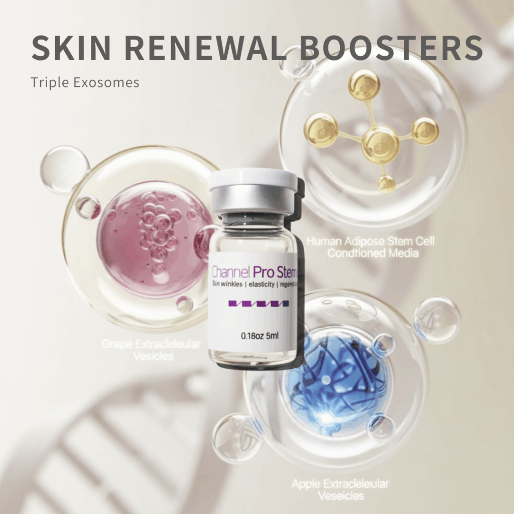 Channel Pro Stem+ (5ml*3vials) Triple Exosome Serum Skin Wrinkles | Elasticity | Regeneration Channel Pro Stem+ is an ampoule designed to support skin regeneration, enhance luminosity, and harmonize uneven skin tone. Formulated with stem cell conditioned media, plant-derived extracellular vesicles, amino acids, and multi-vitamins, it delivers soothing, moisturizing, and revitalizing benefits. Safe, stable, and non-irritating — ideal for microchanneling and professional skin treatments. Channel Pro Stem+ (5ml*3vials) Key Features Advanced Regeneration Support Formulated with Human Adipose Stem Cell Conditioned Media and dual plant-derived Extracellular Vesicles (Apple & Grape) to boost skin recovery and radiance. Luminosity & Tone Harmonizing Helps brighten dull skin, improve skin tone uniformity, and enhance overall clarity. Soothing & Strengthening Amino acids, vitamins (B-complex, niacinamide, folic acid), and minerals support skin barrier strengthening while providing a calming effect. Channel Pro Stem+ (5ml*3vials) Key Ingredients Benefits Regeneration & Skin Repair Human Adipose Stem Cell Conditioned Media Supports cellular communication, improves recovery, and boosts skin vitality. Malus Domestica Extracellular Vesicles / Vitis Vinifera EVs Plant-derived EVs rich in antioxidants; help improve skin texture, luminosity, and resilience. Brightening & Tone Correction Niacinamide Improves uneven tone, supports barrier, reduces dullness. Folic Acid / Inositol Helps with skin metabolism and improved radiance. Hydration & Skin Barrier Support Calcium chloride, Sodium chloride Mineral balance + hydration retention. Amino Acids (Arginine, Glycine, Alanine, Proline, etc.) Strengthen barrier, improve elasticity, maintain moisture. Antioxidant + Anti-stress Support Vitamins B1, B2, B3, B5, B6 Protects against oxidative stress and helps maintain healthy skin conditioning. pH & Cellular Balance HEPES (Hydroxyethylpiperazine Ethane Sulfonic Acid) Skin-conditioning buffer to maintain an optimal environment. Channel Pro Stem+ Ingredients Water · Human Adipose Stem Cell Conditioned Media · Malus Domestica Extracellular Vesicles · Vitis Vinifera Extracellular Vesicles · 1,2-Hexanediol · Calcium Chloride · Sodium Chloride · Sodium Phosphate · Arginine HCl · Cystine · Glutamine · Glycine · Histidine HCl · Isoleucine · Leucine · Lysine HCl · Methionine · Phenylalanine · Serine · Threonine · Tryptophan · Valine · Folic Acid · Inositol · Niacinamide · Calcium Pantothenate · Pyridoxine HCl · Riboflavin · Thiamine HCl · Glucose · Hydroxyethylpiperazine Ethane Sulfonic Acid · Sodium Pyruvate · Sodium Bicarbonate · Alanine · Asparagine · Aspartic Acid · Cysteine HCl · Glutamic Acid · Proline Channel Pro Stem+ Precautions Avoid contact with eyes. If contact occurs, rinse thoroughly with water. Store in a cool, dry place away from direct light. Keep out of reach of children. Use immediately after opening the vial for best quality.
