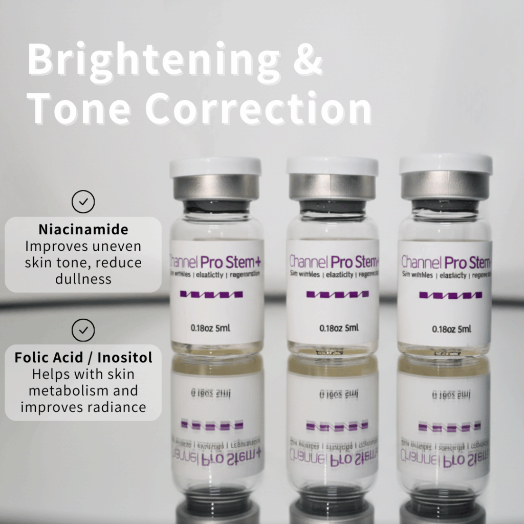 Channel Pro Stem+ (5ml*3vials) Triple Exosome Serum Skin Wrinkles | Elasticity | Regeneration Channel Pro Stem+ is an ampoule designed to support skin regeneration, enhance luminosity, and harmonize uneven skin tone. Formulated with stem cell conditioned media, plant-derived extracellular vesicles, amino acids, and multi-vitamins, it delivers soothing, moisturizing, and revitalizing benefits. Safe, stable, and non-irritating — ideal for microchanneling and professional skin treatments. Channel Pro Stem+ (5ml*3vials) Key Features Advanced Regeneration Support Formulated with Human Adipose Stem Cell Conditioned Media and dual plant-derived Extracellular Vesicles (Apple & Grape) to boost skin recovery and radiance. Luminosity & Tone Harmonizing Helps brighten dull skin, improve skin tone uniformity, and enhance overall clarity. Soothing & Strengthening Amino acids, vitamins (B-complex, niacinamide, folic acid), and minerals support skin barrier strengthening while providing a calming effect. Channel Pro Stem+ (5ml*3vials) Key Ingredients Benefits Regeneration & Skin Repair Human Adipose Stem Cell Conditioned Media Supports cellular communication, improves recovery, and boosts skin vitality. Malus Domestica Extracellular Vesicles / Vitis Vinifera EVs Plant-derived EVs rich in antioxidants; help improve skin texture, luminosity, and resilience. Brightening & Tone Correction Niacinamide Improves uneven tone, supports barrier, reduces dullness. Folic Acid / Inositol Helps with skin metabolism and improved radiance. Hydration & Skin Barrier Support Calcium chloride, Sodium chloride Mineral balance + hydration retention. Amino Acids (Arginine, Glycine, Alanine, Proline, etc.) Strengthen barrier, improve elasticity, maintain moisture. Antioxidant + Anti-stress Support Vitamins B1, B2, B3, B5, B6 Protects against oxidative stress and helps maintain healthy skin conditioning. pH & Cellular Balance HEPES (Hydroxyethylpiperazine Ethane Sulfonic Acid) Skin-conditioning buffer to maintain an optimal environment. Channel Pro Stem+ Ingredients Water · Human Adipose Stem Cell Conditioned Media · Malus Domestica Extracellular Vesicles · Vitis Vinifera Extracellular Vesicles · 1,2-Hexanediol · Calcium Chloride · Sodium Chloride · Sodium Phosphate · Arginine HCl · Cystine · Glutamine · Glycine · Histidine HCl · Isoleucine · Leucine · Lysine HCl · Methionine · Phenylalanine · Serine · Threonine · Tryptophan · Valine · Folic Acid · Inositol · Niacinamide · Calcium Pantothenate · Pyridoxine HCl · Riboflavin · Thiamine HCl · Glucose · Hydroxyethylpiperazine Ethane Sulfonic Acid · Sodium Pyruvate · Sodium Bicarbonate · Alanine · Asparagine · Aspartic Acid · Cysteine HCl · Glutamic Acid · Proline Channel Pro Stem+ Precautions Avoid contact with eyes. If contact occurs, rinse thoroughly with water. Store in a cool, dry place away from direct light. Keep out of reach of children. Use immediately after opening the vial for best quality.