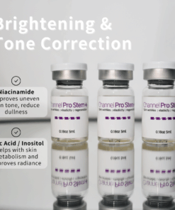 Channel Pro Stem+ (5ml*3vials) Triple Exosome Serum Skin Wrinkles | Elasticity | Regeneration Channel Pro Stem+ is an ampoule designed to support skin regeneration, enhance luminosity, and harmonize uneven skin tone. Formulated with stem cell conditioned media, plant-derived extracellular vesicles, amino acids, and multi-vitamins, it delivers soothing, moisturizing, and revitalizing benefits. Safe, stable, and non-irritating — ideal for microchanneling and professional skin treatments. Channel Pro Stem+ (5ml*3vials) Key Features Advanced Regeneration Support Formulated with Human Adipose Stem Cell Conditioned Media and dual plant-derived Extracellular Vesicles (Apple & Grape) to boost skin recovery and radiance. Luminosity & Tone Harmonizing Helps brighten dull skin, improve skin tone uniformity, and enhance overall clarity. Soothing & Strengthening Amino acids, vitamins (B-complex, niacinamide, folic acid), and minerals support skin barrier strengthening while providing a calming effect. Channel Pro Stem+ (5ml*3vials) Key Ingredients Benefits Regeneration & Skin Repair Human Adipose Stem Cell Conditioned Media Supports cellular communication, improves recovery, and boosts skin vitality. Malus Domestica Extracellular Vesicles / Vitis Vinifera EVs Plant-derived EVs rich in antioxidants; help improve skin texture, luminosity, and resilience. Brightening & Tone Correction Niacinamide Improves uneven tone, supports barrier, reduces dullness. Folic Acid / Inositol Helps with skin metabolism and improved radiance. Hydration & Skin Barrier Support Calcium chloride, Sodium chloride Mineral balance + hydration retention. Amino Acids (Arginine, Glycine, Alanine, Proline, etc.) Strengthen barrier, improve elasticity, maintain moisture. Antioxidant + Anti-stress Support Vitamins B1, B2, B3, B5, B6 Protects against oxidative stress and helps maintain healthy skin conditioning. pH & Cellular Balance HEPES (Hydroxyethylpiperazine Ethane Sulfonic Acid) Skin-conditioning buffer to maintain an optimal environment. Channel Pro Stem+ Ingredients Water · Human Adipose Stem Cell Conditioned Media · Malus Domestica Extracellular Vesicles · Vitis Vinifera Extracellular Vesicles · 1,2-Hexanediol · Calcium Chloride · Sodium Chloride · Sodium Phosphate · Arginine HCl · Cystine · Glutamine · Glycine · Histidine HCl · Isoleucine · Leucine · Lysine HCl · Methionine · Phenylalanine · Serine · Threonine · Tryptophan · Valine · Folic Acid · Inositol · Niacinamide · Calcium Pantothenate · Pyridoxine HCl · Riboflavin · Thiamine HCl · Glucose · Hydroxyethylpiperazine Ethane Sulfonic Acid · Sodium Pyruvate · Sodium Bicarbonate · Alanine · Asparagine · Aspartic Acid · Cysteine HCl · Glutamic Acid · Proline Channel Pro Stem+ Precautions Avoid contact with eyes. If contact occurs, rinse thoroughly with water. Store in a cool, dry place away from direct light. Keep out of reach of children. Use immediately after opening the vial for best quality.