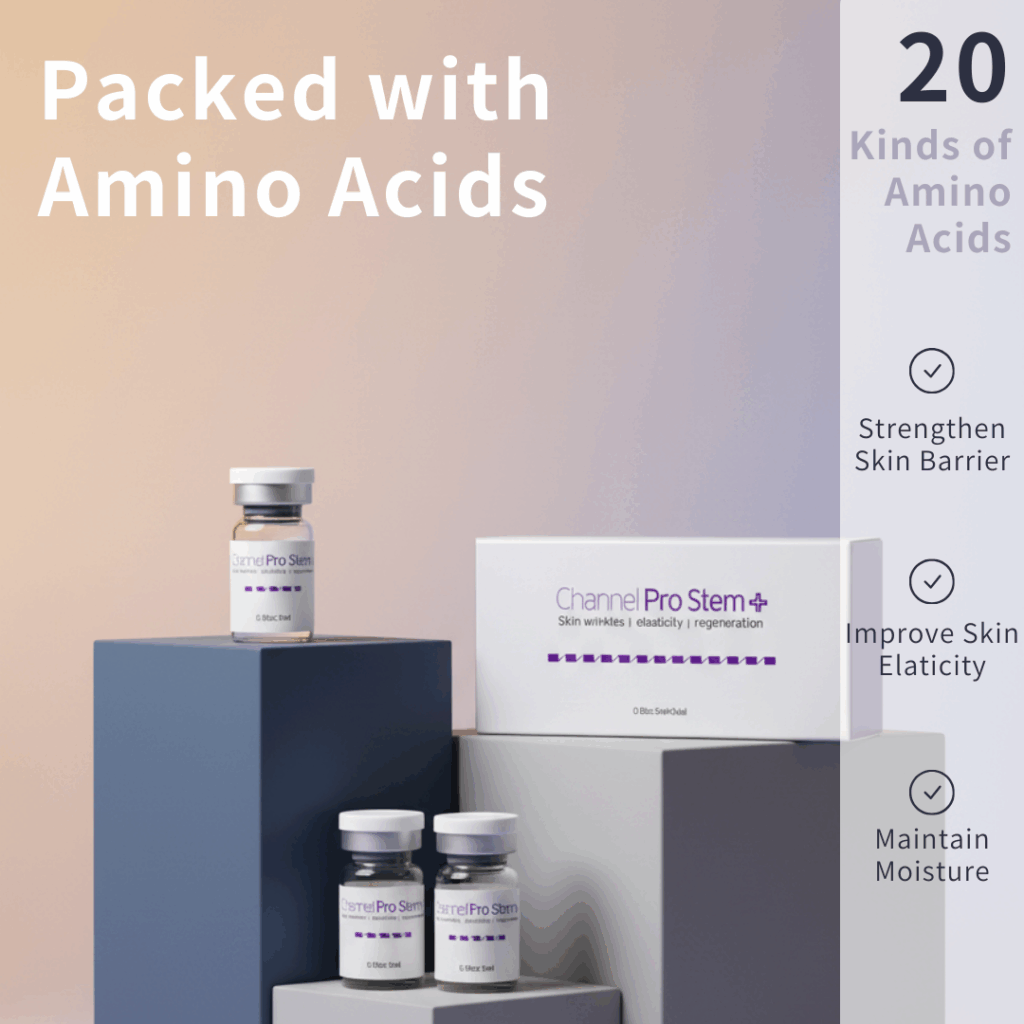 Channel Pro Stem+ (5ml*3vials) Triple Exosome Serum Skin Wrinkles | Elasticity | Regeneration Channel Pro Stem+ is an ampoule designed to support skin regeneration, enhance luminosity, and harmonize uneven skin tone. Formulated with stem cell conditioned media, plant-derived extracellular vesicles, amino acids, and multi-vitamins, it delivers soothing, moisturizing, and revitalizing benefits. Safe, stable, and non-irritating — ideal for microchanneling and professional skin treatments. Channel Pro Stem+ (5ml*3vials) Key Features Advanced Regeneration Support Formulated with Human Adipose Stem Cell Conditioned Media and dual plant-derived Extracellular Vesicles (Apple & Grape) to boost skin recovery and radiance. Luminosity & Tone Harmonizing Helps brighten dull skin, improve skin tone uniformity, and enhance overall clarity. Soothing & Strengthening Amino acids, vitamins (B-complex, niacinamide, folic acid), and minerals support skin barrier strengthening while providing a calming effect. Channel Pro Stem+ (5ml*3vials) Key Ingredients Benefits Regeneration & Skin Repair Human Adipose Stem Cell Conditioned Media Supports cellular communication, improves recovery, and boosts skin vitality. Malus Domestica Extracellular Vesicles / Vitis Vinifera EVs Plant-derived EVs rich in antioxidants; help improve skin texture, luminosity, and resilience. Brightening & Tone Correction Niacinamide Improves uneven tone, supports barrier, reduces dullness. Folic Acid / Inositol Helps with skin metabolism and improved radiance. Hydration & Skin Barrier Support Calcium chloride, Sodium chloride Mineral balance + hydration retention. Amino Acids (Arginine, Glycine, Alanine, Proline, etc.) Strengthen barrier, improve elasticity, maintain moisture. Antioxidant + Anti-stress Support Vitamins B1, B2, B3, B5, B6 Protects against oxidative stress and helps maintain healthy skin conditioning. pH & Cellular Balance HEPES (Hydroxyethylpiperazine Ethane Sulfonic Acid) Skin-conditioning buffer to maintain an optimal environment. Channel Pro Stem+ Ingredients Water · Human Adipose Stem Cell Conditioned Media · Malus Domestica Extracellular Vesicles · Vitis Vinifera Extracellular Vesicles · 1,2-Hexanediol · Calcium Chloride · Sodium Chloride · Sodium Phosphate · Arginine HCl · Cystine · Glutamine · Glycine · Histidine HCl · Isoleucine · Leucine · Lysine HCl · Methionine · Phenylalanine · Serine · Threonine · Tryptophan · Valine · Folic Acid · Inositol · Niacinamide · Calcium Pantothenate · Pyridoxine HCl · Riboflavin · Thiamine HCl · Glucose · Hydroxyethylpiperazine Ethane Sulfonic Acid · Sodium Pyruvate · Sodium Bicarbonate · Alanine · Asparagine · Aspartic Acid · Cysteine HCl · Glutamic Acid · Proline Channel Pro Stem+ Precautions Avoid contact with eyes. If contact occurs, rinse thoroughly with water. Store in a cool, dry place away from direct light. Keep out of reach of children. Use immediately after opening the vial for best quality.