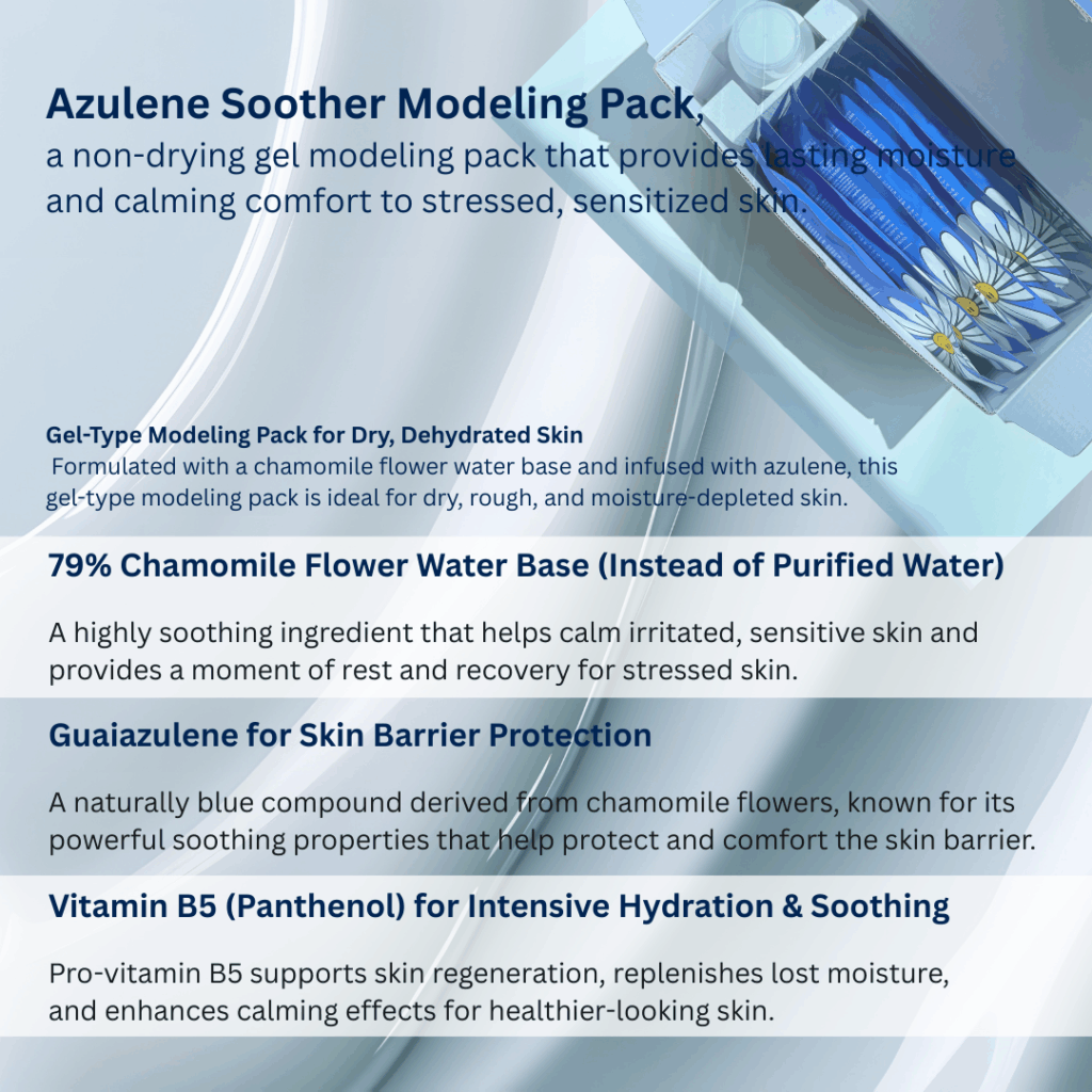 Dr. Sante Azulene Modeling Mask 10 treatment (no.1 8g*10, No.2 80g) Dr. SANTE – KOREA NO.1 AESTHETIC BRAND Since its establishment in 2003, Sante Cosmetic Co., Ltd. has consistently researched and developed the Azulene Soother series for dry skin and the Artemisia AKA series for sensitive skin. It has made e Beautiful skin starts from here. | You’ll hear the difference in your skin – with Dr. SANTE SANTE AZULENE SOOTHER SERIES - AZULENE SOOTHER MODELING PACK Chamomile Flower Water Azulene Formula Instead of purified water, the SANTE Azulene Soother Modeling Pack is formulated with chamomile flower water, a soothing ingredient known for its excellent calming and skin-resting benefits. It delivers deep hydration and comfort to tired, irritated skin. No-Water, Non-Drying Gel Modeling Pack The SANTE Azulene Soother Modeling Pack is a gel-type modeling pack that requires no water. It does not dry out and stays moist until removal, allowing for easy mixing, smooth application, and effortless peel-off. Instant Cooling & Soothing Care – Safe for Sensitive Skin The SANTE Azulene Soother Modeling Pack has completed a total of 11 clinical tests, including an immediate cooling effect test, low-irritation test, sensitive-skin suitability test, and soothing effect test against external irritation. It is a hydrating and calming modeling pack that even sensitive skin can use with confidence. Dr. Sante Azulene Modeling Mask Ingredients: 1.Matricaria Flower Water (79%), Purified Water, Dipropylene Glycol, PEG-75, Glycerin, Arginine, Butylene Glycol, Cellulose Gum, Panthenol, Sodium Chloride, 1,2-Hexanediol, Solanum Melongena (Eggplant) Fruit Extract, Lavandula Angustifolia (Lavender) Flower Extract, Lime Extract, Mangifera Indica (Mango) Fruit Extract, Vanilla Planifolia Fruit Extract, Hamamelis Virginiana (Witch Hazel) Extract, Peony Root Extract, Theobroma Cacao (Cocoa) Extract, Gardenia Florida Fruit Extract, Polyglyceryl-3 Methylglucose Distearate, Sodium Diethylhexyl Sulfosuccinate, PEG-60 Hydrogenated Castor Oil, Hydroxyacetophenone, Caprylic/Capric Triglyceride, Ulmarin, Tetrapotassium Pyrophosphate, Dipotassium Glycyrrhizate, Disodium EDTA, Bisabolol, Fragrance 2.Glucose, Corn Starch, Calcium Sulfate, Matricaria Flower Extract, Betaine, Sodium Hyaluronate, Adenosine, Portulaca Oleracea Extract, Centella Asiatica Extract, Trehalose, Allantoin, Astragalus Membranaceus Root Extract, Aloe Barbadensis Leaf Powder, Potassium Sorbate, Fragrance, Dipotassium Glycyrrhizate
