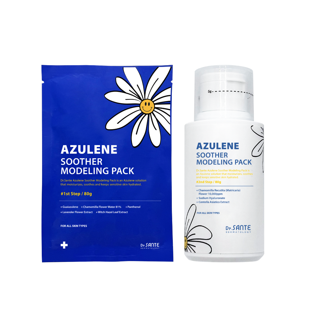 Dr. Sante Azulene Modeling Mask 10 treatment (no.1 8g*10, No.2 80g) Dr. SANTE – KOREA NO.1 AESTHETIC BRAND Since its establishment in 2003, Sante Cosmetic Co., Ltd. has consistently researched and developed the Azulene Soother series for dry skin and the Artemisia AKA series for sensitive skin. It has made e Beautiful skin starts from here. | You’ll hear the difference in your skin – with Dr. SANTE SANTE AZULENE SOOTHER SERIES - AZULENE SOOTHER MODELING PACK Chamomile Flower Water Azulene Formula Instead of purified water, the SANTE Azulene Soother Modeling Pack is formulated with chamomile flower water, a soothing ingredient known for its excellent calming and skin-resting benefits. It delivers deep hydration and comfort to tired, irritated skin. No-Water, Non-Drying Gel Modeling Pack The SANTE Azulene Soother Modeling Pack is a gel-type modeling pack that requires no water. It does not dry out and stays moist until removal, allowing for easy mixing, smooth application, and effortless peel-off. Instant Cooling & Soothing Care – Safe for Sensitive Skin The SANTE Azulene Soother Modeling Pack has completed a total of 11 clinical tests, including an immediate cooling effect test, low-irritation test, sensitive-skin suitability test, and soothing effect test against external irritation. It is a hydrating and calming modeling pack that even sensitive skin can use with confidence. Dr. Sante Azulene Modeling Mask Ingredients: 1.Matricaria Flower Water (79%), Purified Water, Dipropylene Glycol, PEG-75, Glycerin, Arginine, Butylene Glycol, Cellulose Gum, Panthenol, Sodium Chloride, 1,2-Hexanediol, Solanum Melongena (Eggplant) Fruit Extract, Lavandula Angustifolia (Lavender) Flower Extract, Lime Extract, Mangifera Indica (Mango) Fruit Extract, Vanilla Planifolia Fruit Extract, Hamamelis Virginiana (Witch Hazel) Extract, Peony Root Extract, Theobroma Cacao (Cocoa) Extract, Gardenia Florida Fruit Extract, Polyglyceryl-3 Methylglucose Distearate, Sodium Diethylhexyl Sulfosuccinate, PEG-60 Hydrogenated Castor Oil, Hydroxyacetophenone, Caprylic/Capric Triglyceride, Ulmarin, Tetrapotassium Pyrophosphate, Dipotassium Glycyrrhizate, Disodium EDTA, Bisabolol, Fragrance 2.Glucose, Corn Starch, Calcium Sulfate, Matricaria Flower Extract, Betaine, Sodium Hyaluronate, Adenosine, Portulaca Oleracea Extract, Centella Asiatica Extract, Trehalose, Allantoin, Astragalus Membranaceus Root Extract, Aloe Barbadensis Leaf Powder, Potassium Sorbate, Fragrance, Dipotassium Glycyrrhizate
