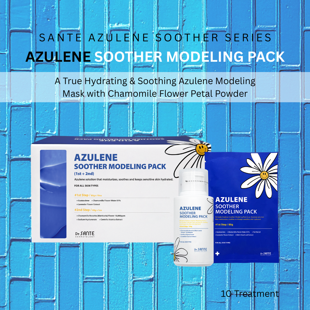 Dr. Sante Azulene Modeling Mask 10 treatment (no.1 8g*10, No.2 80g) Dr. SANTE – KOREA NO.1 AESTHETIC BRAND Since its establishment in 2003, Sante Cosmetic Co., Ltd. has consistently researched and developed the Azulene Soother series for dry skin and the Artemisia AKA series for sensitive skin. It has made e Beautiful skin starts from here. | You’ll hear the difference in your skin – with Dr. SANTE SANTE AZULENE SOOTHER SERIES - AZULENE SOOTHER MODELING PACK Chamomile Flower Water Azulene Formula Instead of purified water, the SANTE Azulene Soother Modeling Pack is formulated with chamomile flower water, a soothing ingredient known for its excellent calming and skin-resting benefits. It delivers deep hydration and comfort to tired, irritated skin. No-Water, Non-Drying Gel Modeling Pack The SANTE Azulene Soother Modeling Pack is a gel-type modeling pack that requires no water. It does not dry out and stays moist until removal, allowing for easy mixing, smooth application, and effortless peel-off. Instant Cooling & Soothing Care – Safe for Sensitive Skin The SANTE Azulene Soother Modeling Pack has completed a total of 11 clinical tests, including an immediate cooling effect test, low-irritation test, sensitive-skin suitability test, and soothing effect test against external irritation. It is a hydrating and calming modeling pack that even sensitive skin can use with confidence. Dr. Sante Azulene Modeling Mask Ingredients: 1.Matricaria Flower Water (79%), Purified Water, Dipropylene Glycol, PEG-75, Glycerin, Arginine, Butylene Glycol, Cellulose Gum, Panthenol, Sodium Chloride, 1,2-Hexanediol, Solanum Melongena (Eggplant) Fruit Extract, Lavandula Angustifolia (Lavender) Flower Extract, Lime Extract, Mangifera Indica (Mango) Fruit Extract, Vanilla Planifolia Fruit Extract, Hamamelis Virginiana (Witch Hazel) Extract, Peony Root Extract, Theobroma Cacao (Cocoa) Extract, Gardenia Florida Fruit Extract, Polyglyceryl-3 Methylglucose Distearate, Sodium Diethylhexyl Sulfosuccinate, PEG-60 Hydrogenated Castor Oil, Hydroxyacetophenone, Caprylic/Capric Triglyceride, Ulmarin, Tetrapotassium Pyrophosphate, Dipotassium Glycyrrhizate, Disodium EDTA, Bisabolol, Fragrance 2.Glucose, Corn Starch, Calcium Sulfate, Matricaria Flower Extract, Betaine, Sodium Hyaluronate, Adenosine, Portulaca Oleracea Extract, Centella Asiatica Extract, Trehalose, Allantoin, Astragalus Membranaceus Root Extract, Aloe Barbadensis Leaf Powder, Potassium Sorbate, Fragrance, Dipotassium Glycyrrhizate