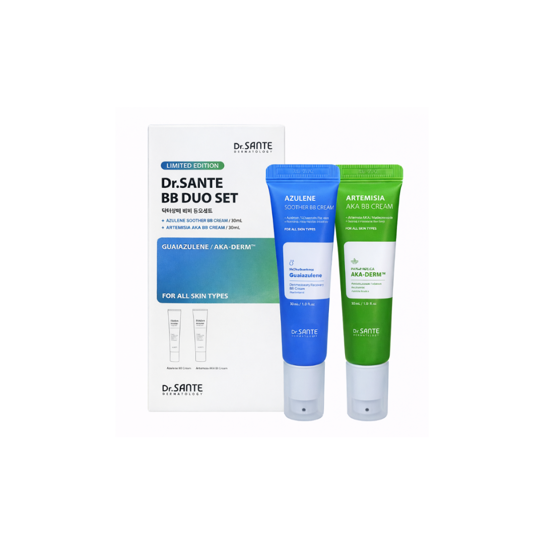 Dr.Sante Soother & AKA BB Duo Set Dr.Sante Soother & AKA BB Duo Set Set Includes Azulene Soothe BB Cream 35 g Artemisia A.C.A BB Cream 35 g Bonus: Rubicell Puff x 2 A customized BB duo designed to match different skin conditions—from sensitive and dry to troubled and reactive skin. Azulene Soother BB Cream (35g) Shade: No. 21–22 Finish: Dewy, radiant glow Skin Type: Dry, sensitive, redness-prone skin A lightweight, breathable BB cream that delivers a clear tone-up effect with long-lasting hydration and soothing care. Key Features Lightweight, breathable texture Applies smoothly without heaviness—even with multiple layers—while maintaining comfortable hydration. Natural tone-up without darkening Keeps skin bright and fresh over time without turning dull or gray. Gentle soothing care for sensitive skin Ideal for days when skin feels irritated or reactive due to external stress. Key Ingredients Chamomile Flower Water & Guaiazulene Calm irritated skin, reduce redness, and help relieve heat sensitivity. Hyaluronic Acid Attracts and retains moisture to keep skin hydrated for extended wear. Ceramide NP Strengthens the skin barrier and helps prevent moisture loss. Panthenol Helps soothe, repair, and support skin recovery. Artemisia A.C.A BB Cream (35 g) Shade: No. 22–23 Finish: Soft matte outside, hydrated inside Skin Type: Troubled, sensitive, combination skin A smooth, thinly adhering BB cream that provides clean coverage with calming care—without clogging or irritation. Key Features Thin, fresh, and seamless application Spreads evenly without thickness, suitable even for blemish-prone skin. Clean coverage without caking Softly blurs acne marks and uneven texture for a smooth, refined look. Comfortable calming care for sensitive skin Creates a stress-free base even on days when skin feels irritated. Key Ingredients Artemisia (Mugwort) Extract Provides deep hydration and helps soothe dry, sensitive skin. Centella Asiatica Extract Calms skin stressed by external irritation. Niacinamide Helps even out skin tone and maintain a brighter, clearer complexion. ACADerm™ A complex soothing ingredient that helps balance and calm irritated skin. Additional Benefits Hygienic pump dispenser for easy and clean use Free Rubicell Puffs (2 pcs) Teardrop-shaped puffs for precise, seamless base application