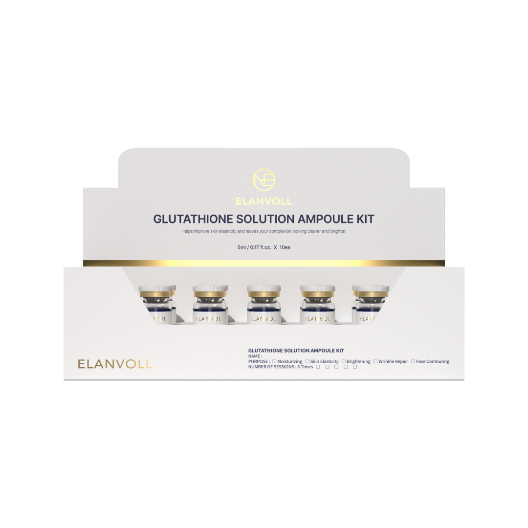 Elanvoll Glutathione Solution Ampoule Kit (5ml*10ea) Helps improve skin elasticity and leaves your complexion looking clearer and brighter. Elanvoll Glutathione Solution Ampoule Kit (5ml × 10 ea) Balance your skin tone for a clearer, more radiant complexion. The Elanvoll Glutathione Solution Ampoule is formulated to support skin radiance, elasticity, and hydration while helping maintain a balanced, healthy-looking skin tone. This advanced ampoule combines glutathione, peptides, amino acids, and moisturizing ingredients to deliver comprehensive skin conditioning care—ideal for both daily use and professional skincare routines. Key Benefits Helps promote a clear, bright-looking skin tone Supports skin radiance and elasticity Enhances hydration and skin conditioning Maintains a healthy, vibrant-looking complexion Features Radiance-Enhancing Care Formulated with Glutathione and Safflower Flower Extract to help support a clear, luminous-looking skin tone Dual Functional Care (Niacinamide + Adenosine) Helps improve skin radiance and elasticity 6-Peptide Complex (including EGF) Copper Tripeptide-1, rh-Polypeptide-4, sh-Polypeptide-16, sh-Polypeptide-22, rh-Oligopeptide-1, sh-Oligopeptide-1 Helps support smoother-looking skin texture and healthy-looking radiance 13 Amino Acid Complex Supports skin hydration and conditioning Hydration & Moisture Synergy Formulated with Hyaluronic Acid, Lecithin, and PCA to help form a comfortable moisturizing barrier Vitamin Care (Biotin) Helps maintain lively, healthy-looking skin condition Key Ingredients Glutathione, Safflower Flower Extract, Niacinamide, Adenosine, 6-Peptide Complex (including EGF: Copper Tripeptide-1, rh-Polypeptide-4, sh-Polypeptide-16,sh-Polypeptide-22, rh-Oligopeptide-1, sh-Oligopeptide-1), 13 Amino Acid Complex, Hyaluronic Acid, Lecithin, PCA, Biotin