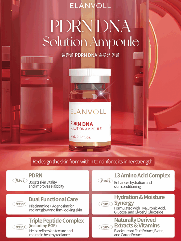 Elanvoll PDRN DNA Solution Ampoule Kit (5ml*10ea) Infused with PDRN-derived ingredients, this formula helps soothe tired skin from daily external factors and leaves the skin looking vibrant and well-cared for. Elanvoll PDRN DNA Solution Ampoule Redesign your skin from within—stronger, healthier-looking skin starts at the core. This advanced ampoule is formulated to support skin vitality, elasticity, and hydration with a carefully balanced blend of PDRN, peptides, amino acids, and moisturizing actives. Ideal for daily skin conditioning and professional skincare routines. Key Benefits Supports skin vitality and elasticity Enhances radiance and smooth-looking skin texture Helps maintain hydration and skin conditioning Promotes healthy-looking glow from within Features PDRN (Sodium DNA) Helps support skin vitality and elasticity care Dual Functional Care (Niacinamide + Adenosine) Helps improve skin radiance and firmness Triple Peptide Complex (including EGF) Helps refine skin texture and maintain healthy-looking glow 13 Amino Acid Complex Strengthens hydration and skin conditioning Hydration & Moisture Synergy Formulated with Hyaluronic Acid, Glucose, and Glyceryl Glucoside Naturally Derived Extracts & Vitamins Blackcurrant Fruit Extract, Biotin, and Carrot Extract (Benefits limited to the characteristics of the ingredients) Key Ingredients PDRN (Sodium DNA), Niacinamide, Adenosine, Triple Peptide Complex (including EGF), 13 Amino Acid Complex, Hyaluronic Acid, Glucose, Glyceryl Glucoside, Blackcurrant Fruit Extract, Biotin, Carrot Extract