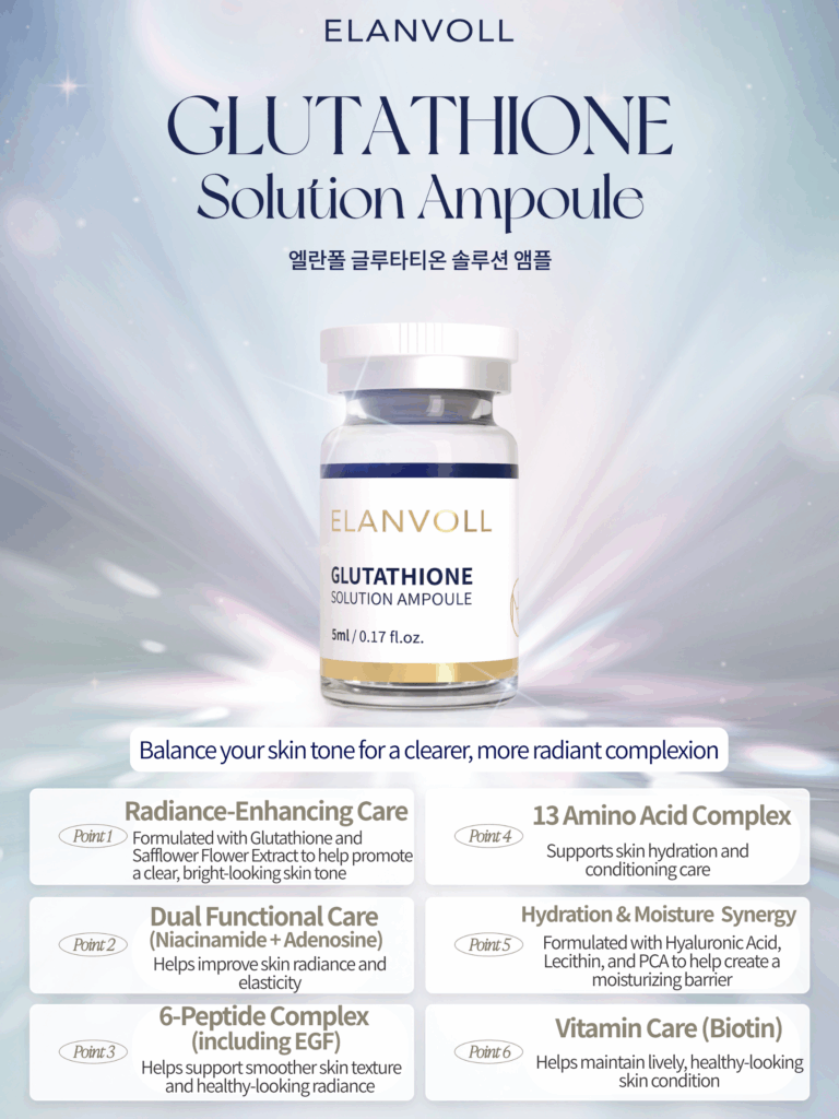 Elanvoll Glutathione Solution Ampoule Kit (5ml*10ea) Helps improve skin elasticity and leaves your complexion looking clearer and brighter. Elanvoll Glutathione Solution Ampoule Kit (5ml × 10 ea) Balance your skin tone for a clearer, more radiant complexion. The Elanvoll Glutathione Solution Ampoule is formulated to support skin radiance, elasticity, and hydration while helping maintain a balanced, healthy-looking skin tone. This advanced ampoule combines glutathione, peptides, amino acids, and moisturizing ingredients to deliver comprehensive skin conditioning care—ideal for both daily use and professional skincare routines. Key Benefits Helps promote a clear, bright-looking skin tone Supports skin radiance and elasticity Enhances hydration and skin conditioning Maintains a healthy, vibrant-looking complexion Features Radiance-Enhancing Care Formulated with Glutathione and Safflower Flower Extract to help support a clear, luminous-looking skin tone Dual Functional Care (Niacinamide + Adenosine) Helps improve skin radiance and elasticity 6-Peptide Complex (including EGF) Copper Tripeptide-1, rh-Polypeptide-4, sh-Polypeptide-16, sh-Polypeptide-22, rh-Oligopeptide-1, sh-Oligopeptide-1 Helps support smoother-looking skin texture and healthy-looking radiance 13 Amino Acid Complex Supports skin hydration and conditioning Hydration & Moisture Synergy Formulated with Hyaluronic Acid, Lecithin, and PCA to help form a comfortable moisturizing barrier Vitamin Care (Biotin) Helps maintain lively, healthy-looking skin condition Key Ingredients Glutathione, Safflower Flower Extract, Niacinamide, Adenosine, 6-Peptide Complex (including EGF: Copper Tripeptide-1, rh-Polypeptide-4, sh-Polypeptide-16,sh-Polypeptide-22, rh-Oligopeptide-1, sh-Oligopeptide-1), 13 Amino Acid Complex, Hyaluronic Acid, Lecithin, PCA, Biotin