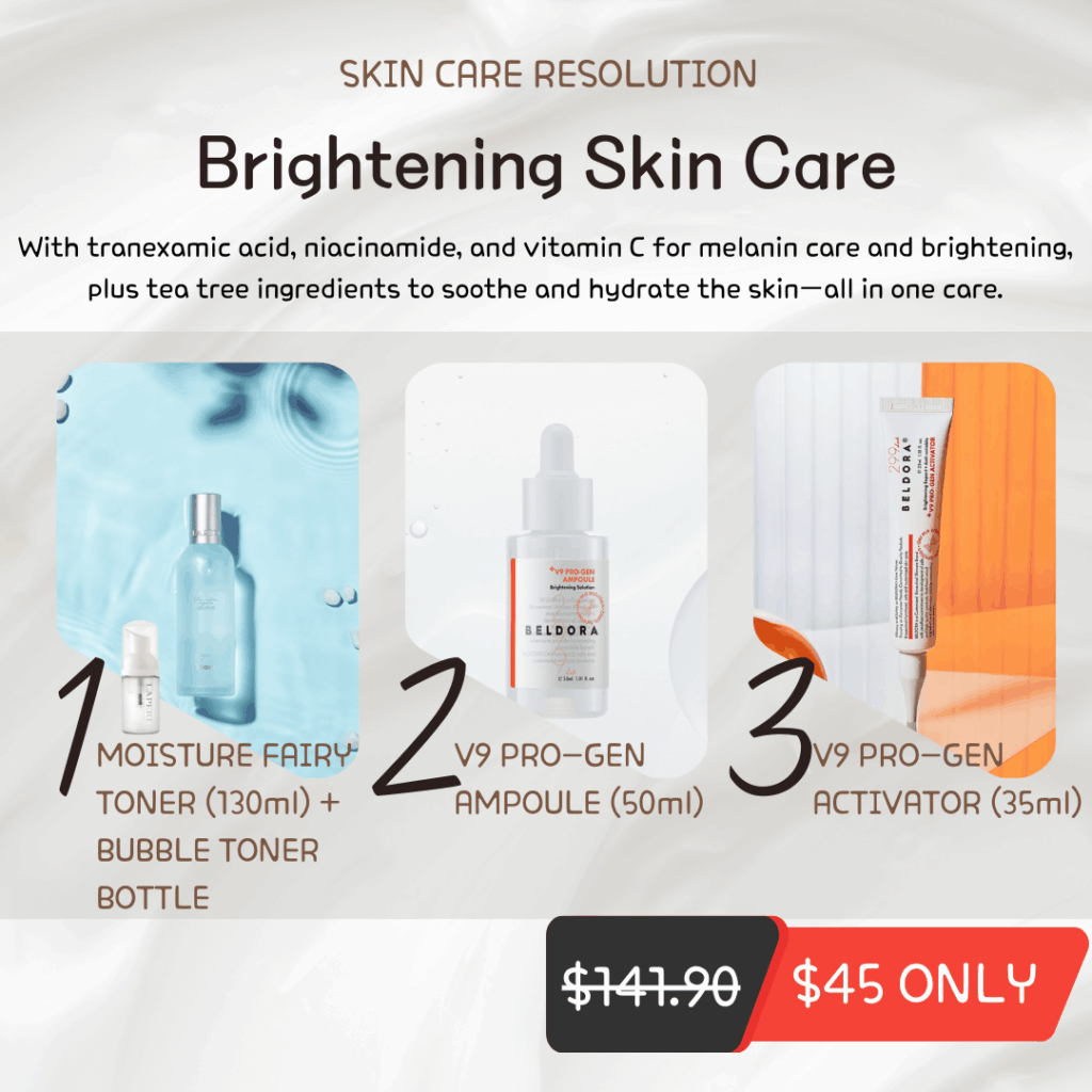 Brightening Skincare Bundle – Skin care resolution sale Login or register to see special pricing With Tranexamic acid, niacinamide, and vitamin C for melanin care and brightening, plus tea tree ingredients to soothe and hydrate the skin - all in one care.  What is included? Laperi Moisture Fairy Toner (130ml) + Bubble Toner Bottle (30ml) Beldora V9 Pro-Gen Ampoule (50ml) Beldora V9 Pro-Gen Activator (35ml)