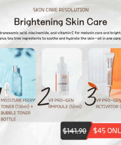 Brightening Skincare Bundle – Skin care resolution sale Login or register to see special pricing With Tranexamic acid, niacinamide, and vitamin C for melanin care and brightening, plus tea tree ingredients to soothe and hydrate the skin - all in one care.  What is included? Laperi Moisture Fairy Toner (130ml) + Bubble Toner Bottle (30ml) Beldora V9 Pro-Gen Ampoule (50ml) Beldora V9 Pro-Gen Activator (35ml)