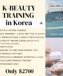 Professional K-Beauty Training in Korea, Busan (APRIL) K-Beauty Professional Training in Korea We are pleased to invite beauty professionals to an exclusive K-Beauty Professional Training Program held in Busan, Korea. This once-in-a-lifetime opportunity offers hands-on education led by top Korean experts, combined with a special all-inclusive travel and training package. ■ Program Overview Program Name: K-Beauty Professional Training in Korea Eligibility: Estheticians & Beauty Professionals (Professional Only) Location: Busan, South Korea Program Dates: March 29 – April 5, 2026 Training Dates: April 1–2, 2026 (2 days) Free Time in Busan: April 3–4, 2026 ■ Training Curriculum 2-Day Intensive Training (Theory + Technique + Hands-on Practice) Sensitive Skin Treatment Program  Revitalizing K-Massage Techniques Certificate of Completion & Graduation Ceremony Complimentary Gift Bag for All Participants ■ What’s Included Round-trip Airfare (Departing from LAX or SFO / Other locations upon request) 5 Nights Hotel Accommodation Ground Transportation within Korea Training, materials, and certification fees ■ Program Fee USD $2,700  ※ Valid for registrations completed by Feb 5th ※ Fees will increase after Febuary 5th due to airfare and hotel rate changes ■ Enrollment Information Limited spots available  Inquires: Email: sales@hyafiliausa.com This exclusive program is designed to elevate your professional skills while immersing you in the heart of K-Beauty culture. Join us in Korea and learn directly from the best.