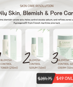 Oily skin, Blemish & Pore Care Bundle - Skin care resolution sale Login or register to see special pricing Laperi Blemish Control Line: A skincare line designed for trouble care, helping restore and maintain skin balance neither lacking nor excessive. Calms blemish-prone skin, helps control excessive sebum, and refines pores with Pycnogenol from French maritime pine bark.  What is included? Laperi Blemish Control Toner (210ml) Laperi Blemish Control Serum (50ml) Laperi Blemish Control Gel Cream (50ml)