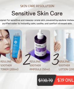 Sensitive Skincare Bundle - Skin care resolution sale Login or register to see special pricing Designed for sensitive and rosacea-prone skin, powered by azulene instead of purified water to instantly calm, soothe, and comfort stressed skin.  What is included? Dr. Sante Azulene Soother Toner (200ml) Dr. Sante Azulene Soother Ampoule (50ml) Dr. Sante Azulene Soother Lotion (200ml)