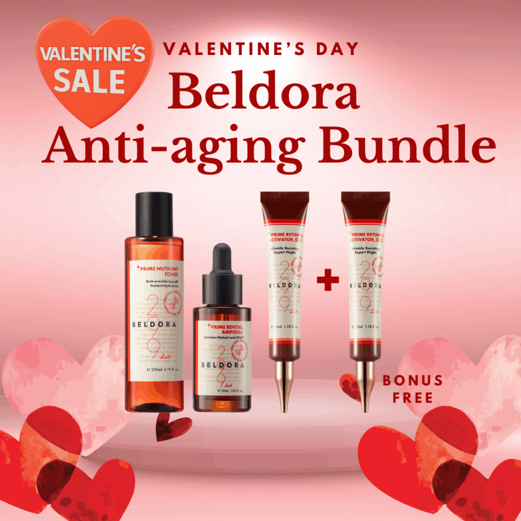Valentine's Day Sale - Beldora Prime Retinol Anti-aging Bundle Login to see special pricing Beldora anti-aging, wrinkle care, fine lines, hyperpigmentation, hydration, elasticity all in one care bundle! What is included? Beldora prime nutrient toner (200ml) X 1EA Beldora prime revital ampoule (30ml) X 1EA Beldora prime retinol activator_0.3 (35ml) X 2EA- Expires 2026-05-28 