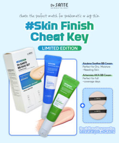 Dr.Sante Soother & AKA BB Duo Set Dr.Sante Soother & AKA BB Duo Set Set Includes Azulene Soothe BB Cream 35 g Artemisia A.C.A BB Cream 35 g Bonus: Rubicell Puff x 2 A customized BB duo designed to match different skin conditions—from sensitive and dry to troubled and reactive skin. Azulene Soother BB Cream (35g) Shade: No. 21–22 Finish: Dewy, radiant glow Skin Type: Dry, sensitive, redness-prone skin A lightweight, breathable BB cream that delivers a clear tone-up effect with long-lasting hydration and soothing care. Key Features Lightweight, breathable texture Applies smoothly without heaviness—even with multiple layers—while maintaining comfortable hydration. Natural tone-up without darkening Keeps skin bright and fresh over time without turning dull or gray. Gentle soothing care for sensitive skin Ideal for days when skin feels irritated or reactive due to external stress. Key Ingredients Chamomile Flower Water & Guaiazulene Calm irritated skin, reduce redness, and help relieve heat sensitivity. Hyaluronic Acid Attracts and retains moisture to keep skin hydrated for extended wear. Ceramide NP Strengthens the skin barrier and helps prevent moisture loss. Panthenol Helps soothe, repair, and support skin recovery. Artemisia A.C.A BB Cream (35 g) Shade: No. 22–23 Finish: Soft matte outside, hydrated inside Skin Type: Troubled, sensitive, combination skin A smooth, thinly adhering BB cream that provides clean coverage with calming care—without clogging or irritation. Key Features Thin, fresh, and seamless application Spreads evenly without thickness, suitable even for blemish-prone skin. Clean coverage without caking Softly blurs acne marks and uneven texture for a smooth, refined look. Comfortable calming care for sensitive skin Creates a stress-free base even on days when skin feels irritated. Key Ingredients Artemisia (Mugwort) Extract Provides deep hydration and helps soothe dry, sensitive skin. Centella Asiatica Extract Calms skin stressed by external irritation. Niacinamide Helps even out skin tone and maintain a brighter, clearer complexion. ACADerm™ A complex soothing ingredient that helps balance and calm irritated skin. Additional Benefits Hygienic pump dispenser for easy and clean use Free Rubicell Puffs (2 pcs) Teardrop-shaped puffs for precise, seamless base application