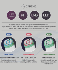 Careme Pro 4 in 1 beauty device_Ultrasonic+RF+EMS+3LED CAREME PRO DEVICE CAREME PRO is an all-in-one beauty device designed to enhance skin glow, elasticity, and facial contour using advanced Ultrasound, RF, EMS, and LED technologies. By stimulating both the dermis and muscle layers, it helps improve overall skin tone, firmness, and definition—right from the comfort of your home. Just 12 minutes a day is all it takes to enjoy your own customized beauty program. Key Features All-in-one device for Glow + Elasticity + Contour Combines Ultrasound, RF, EMS, and 3 LED lights Supports better absorption of skincare products Easy and effective daily home-care solution Safety certified: KC, FCC, CE Treatment Modes Mode 1. Glow Mode Ultrasound + EMS + Blue LED Helps improve skin tone and radiance Enhances absorption of skincare products Uses 3MHz ultrasound and EMS to support skin density and vitality Mode 2. Elastic Mode RF + EMS + Red LED Helps improve skin elasticity and the appearance of fine lines Boosts firmness with powerful RF (Radio Frequency) technology Mode 3. Contour Mode EMS + Green LED Stimulates the muscle layer for contraction and relaxation Helps with facial lifting and contouring using high-powered EMS Product Details Product name : Careme Pro (skincare device) Country of origin : Korea Product size : 40 * 50 * 130 mm (60 * 60* 150mm when combined with charger) Product weight : 210g Product output : Ultrasound 3MHz High Frequency 1MHz EMS 50Hz Battery specification : 2200mAh