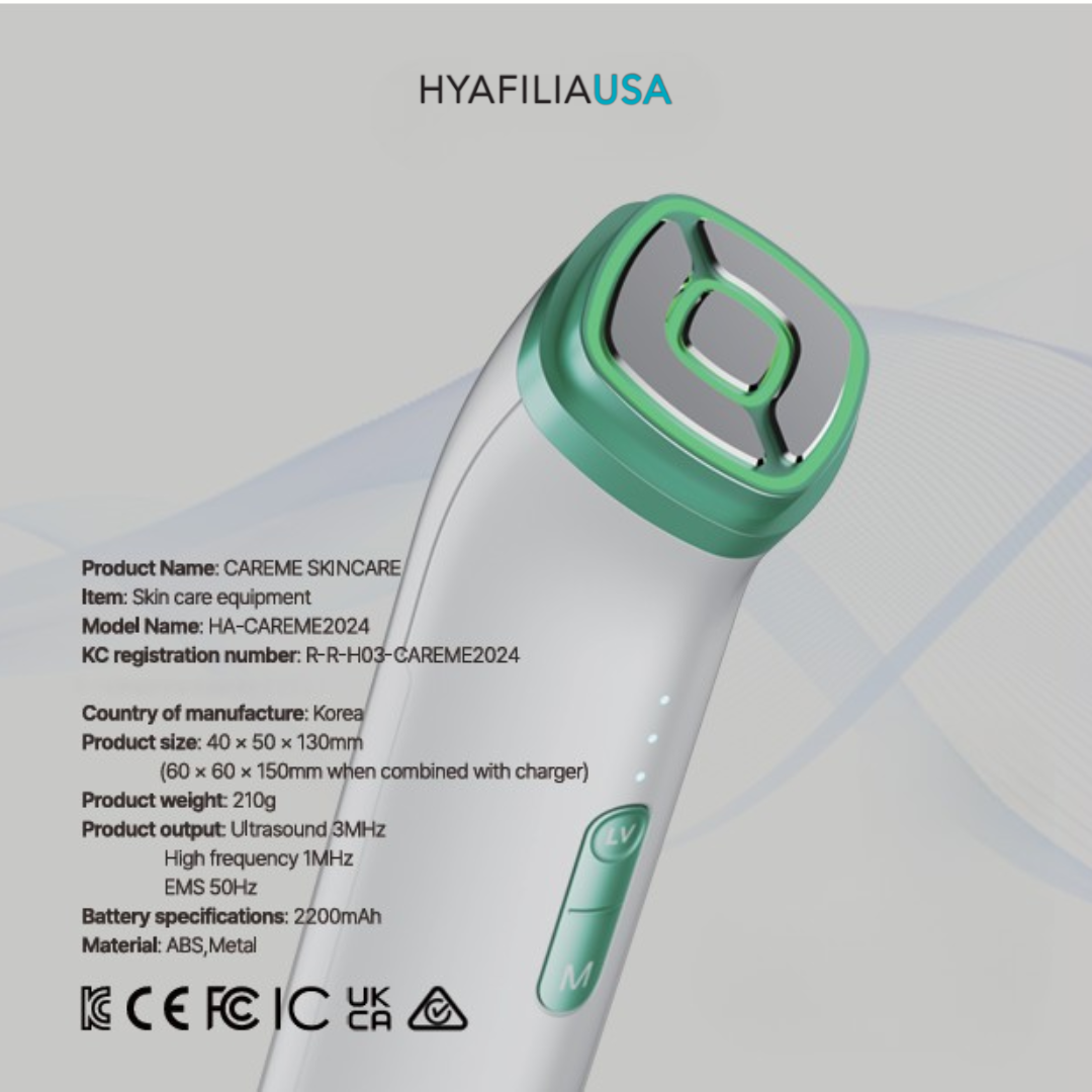 Careme Pro 4 in 1 beauty device_Ultrasonic+RF+EMS+3LED CAREME PRO DEVICE CAREME PRO is an all-in-one beauty device designed to enhance skin glow, elasticity, and facial contour using advanced Ultrasound, RF, EMS, and LED technologies. By stimulating both the dermis and muscle layers, it helps improve overall skin tone, firmness, and definition—right from the comfort of your home. Just 12 minutes a day is all it takes to enjoy your own customized beauty program. Key Features All-in-one device for Glow + Elasticity + Contour Combines Ultrasound, RF, EMS, and 3 LED lights Supports better absorption of skincare products Easy and effective daily home-care solution Safety certified: KC, FCC, CE Treatment Modes Mode 1. Glow Mode Ultrasound + EMS + Blue LED Helps improve skin tone and radiance Enhances absorption of skincare products Uses 3MHz ultrasound and EMS to support skin density and vitality Mode 2. Elastic Mode RF + EMS + Red LED Helps improve skin elasticity and the appearance of fine lines Boosts firmness with powerful RF (Radio Frequency) technology Mode 3. Contour Mode EMS + Green LED Stimulates the muscle layer for contraction and relaxation Helps with facial lifting and contouring using high-powered EMS Product Details Product name : Careme Pro (skincare device) Country of origin : Korea Product size : 40 * 50 * 130 mm (60 * 60* 150mm when combined with charger) Product weight : 210g Product output : Ultrasound 3MHz High Frequency 1MHz EMS 50Hz Battery specification : 2200mAh