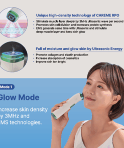 Careme Pro 4 in 1 beauty device_Ultrasonic+RF+EMS+3LED CAREME PRO DEVICE CAREME PRO is an all-in-one beauty device designed to enhance skin glow, elasticity, and facial contour using advanced Ultrasound, RF, EMS, and LED technologies. By stimulating both the dermis and muscle layers, it helps improve overall skin tone, firmness, and definition—right from the comfort of your home. Just 12 minutes a day is all it takes to enjoy your own customized beauty program. Key Features All-in-one device for Glow + Elasticity + Contour Combines Ultrasound, RF, EMS, and 3 LED lights Supports better absorption of skincare products Easy and effective daily home-care solution Safety certified: KC, FCC, CE Treatment Modes Mode 1. Glow Mode Ultrasound + EMS + Blue LED Helps improve skin tone and radiance Enhances absorption of skincare products Uses 3MHz ultrasound and EMS to support skin density and vitality Mode 2. Elastic Mode RF + EMS + Red LED Helps improve skin elasticity and the appearance of fine lines Boosts firmness with powerful RF (Radio Frequency) technology Mode 3. Contour Mode EMS + Green LED Stimulates the muscle layer for contraction and relaxation Helps with facial lifting and contouring using high-powered EMS Product Details Product name : Careme Pro (skincare device) Country of origin : Korea Product size : 40 * 50 * 130 mm (60 * 60* 150mm when combined with charger) Product weight : 210g Product output : Ultrasound 3MHz High Frequency 1MHz EMS 50Hz Battery specification : 2200mAh