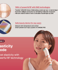 Careme Pro 4 in 1 beauty device_Ultrasonic+RF+EMS+3LED CAREME PRO DEVICE CAREME PRO is an all-in-one beauty device designed to enhance skin glow, elasticity, and facial contour using advanced Ultrasound, RF, EMS, and LED technologies. By stimulating both the dermis and muscle layers, it helps improve overall skin tone, firmness, and definition—right from the comfort of your home. Just 12 minutes a day is all it takes to enjoy your own customized beauty program. Key Features All-in-one device for Glow + Elasticity + Contour Combines Ultrasound, RF, EMS, and 3 LED lights Supports better absorption of skincare products Easy and effective daily home-care solution Safety certified: KC, FCC, CE Treatment Modes Mode 1. Glow Mode Ultrasound + EMS + Blue LED Helps improve skin tone and radiance Enhances absorption of skincare products Uses 3MHz ultrasound and EMS to support skin density and vitality Mode 2. Elastic Mode RF + EMS + Red LED Helps improve skin elasticity and the appearance of fine lines Boosts firmness with powerful RF (Radio Frequency) technology Mode 3. Contour Mode EMS + Green LED Stimulates the muscle layer for contraction and relaxation Helps with facial lifting and contouring using high-powered EMS Product Details Product name : Careme Pro (skincare device) Country of origin : Korea Product size : 40 * 50 * 130 mm (60 * 60* 150mm when combined with charger) Product weight : 210g Product output : Ultrasound 3MHz High Frequency 1MHz EMS 50Hz Battery specification : 2200mAh
